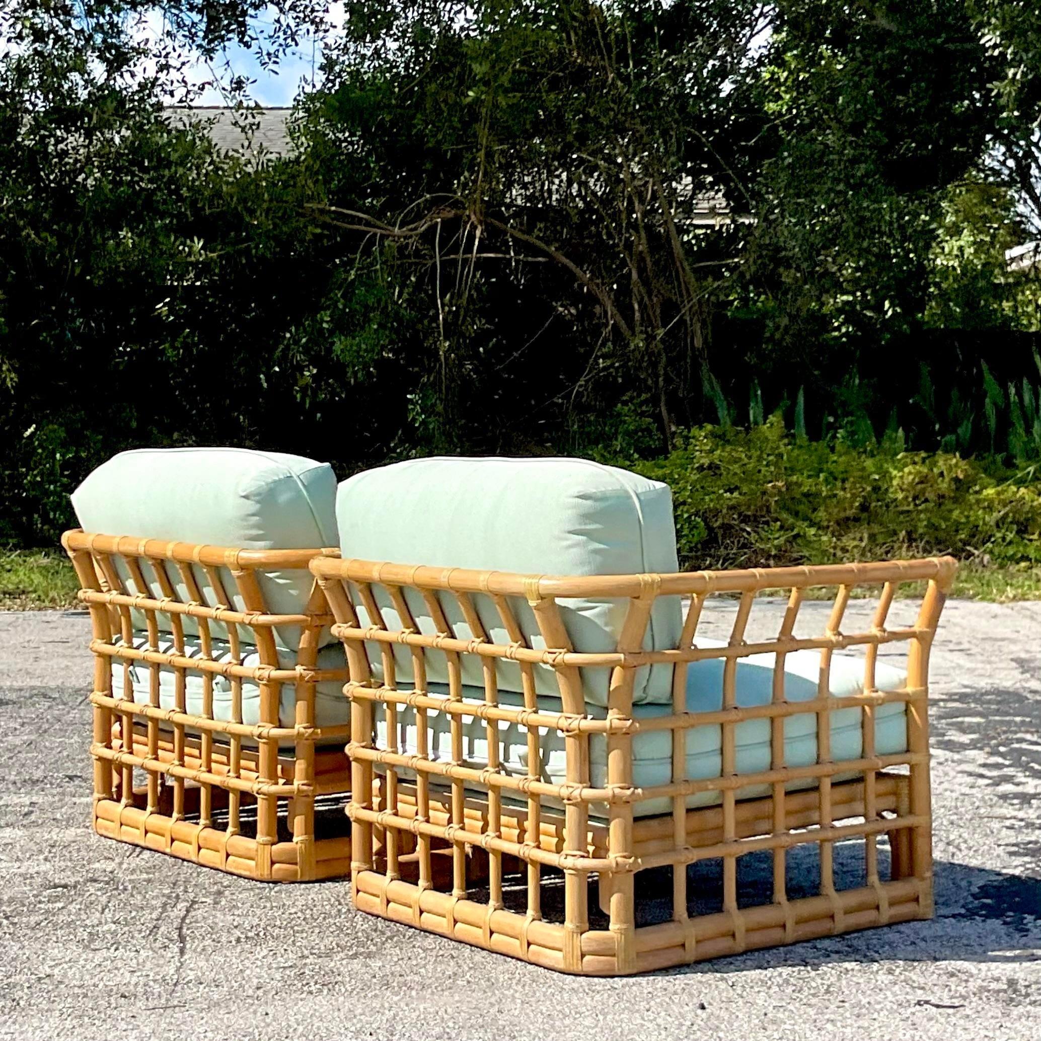 Late 20th Century Vintage Coastal Grid Rattan Lounge Chairs - a Pair at ...