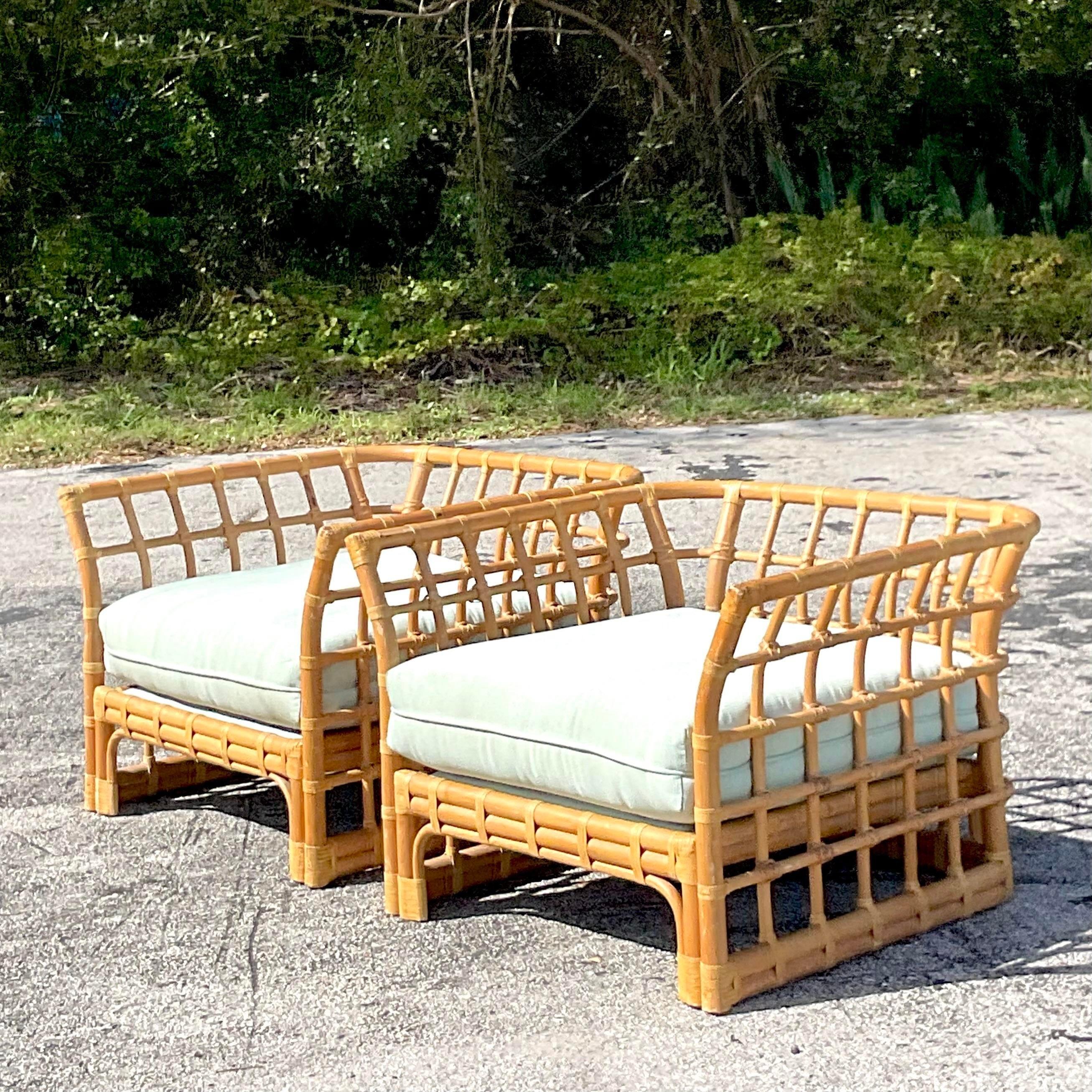 Late 20th Century Vintage Coastal Grid Rattan Lounge Chairs - a Pair 1