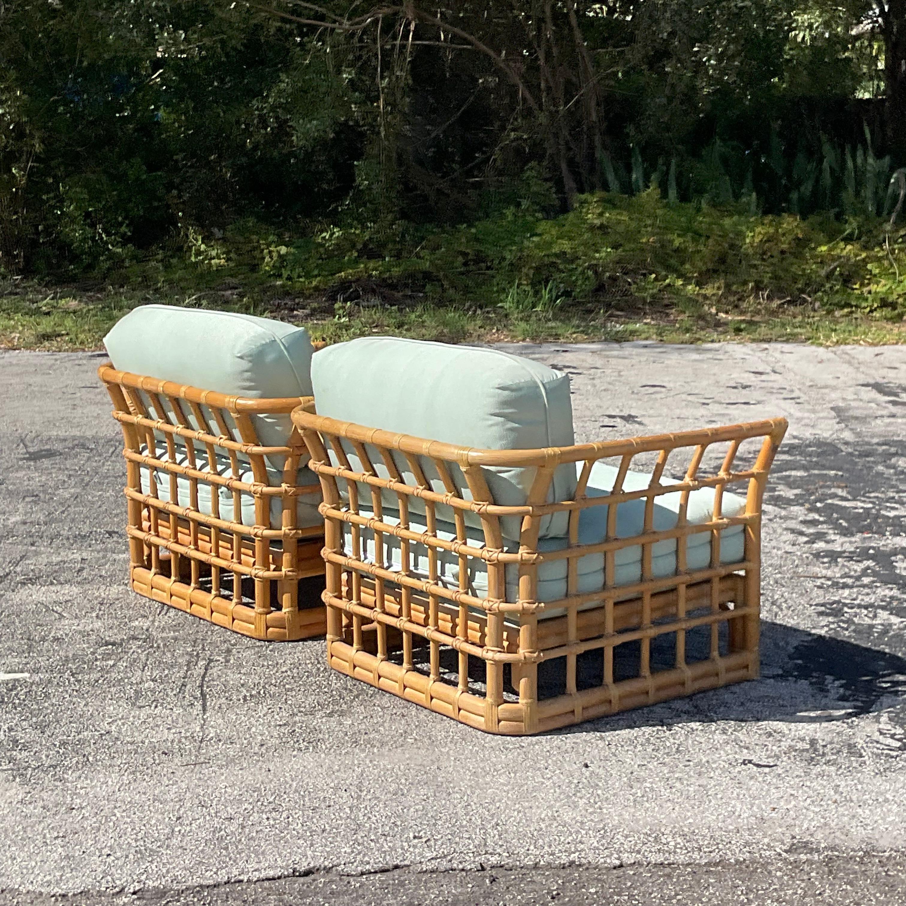 Late 20th Century Vintage Coastal Grid Rattan Lounge Chairs - a Pair 2