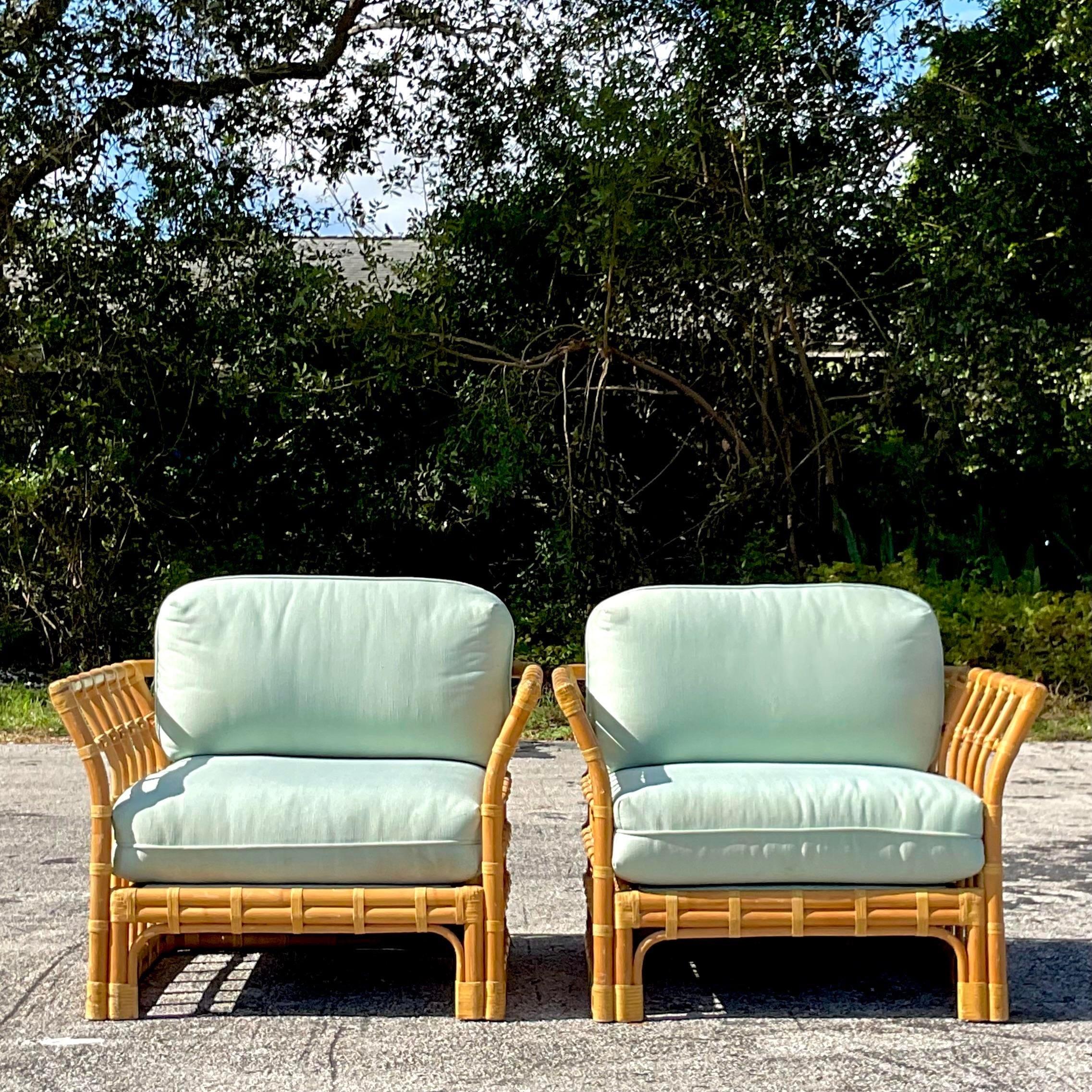 Late 20th Century Vintage Coastal Grid Rattan Lounge Chairs - a Pair 3