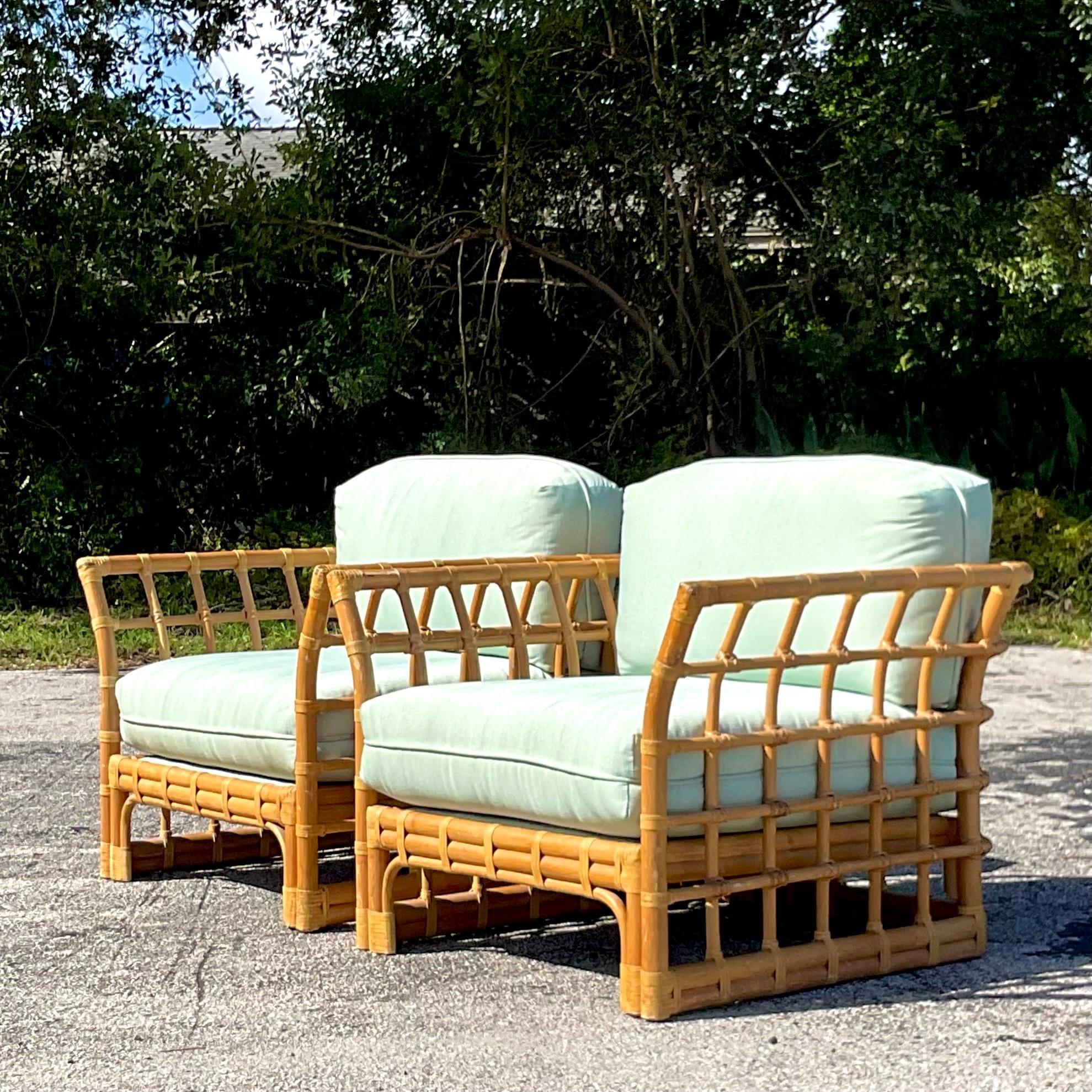 Late 20th Century Vintage Coastal Grid Rattan Lounge Chairs - a Pair 4