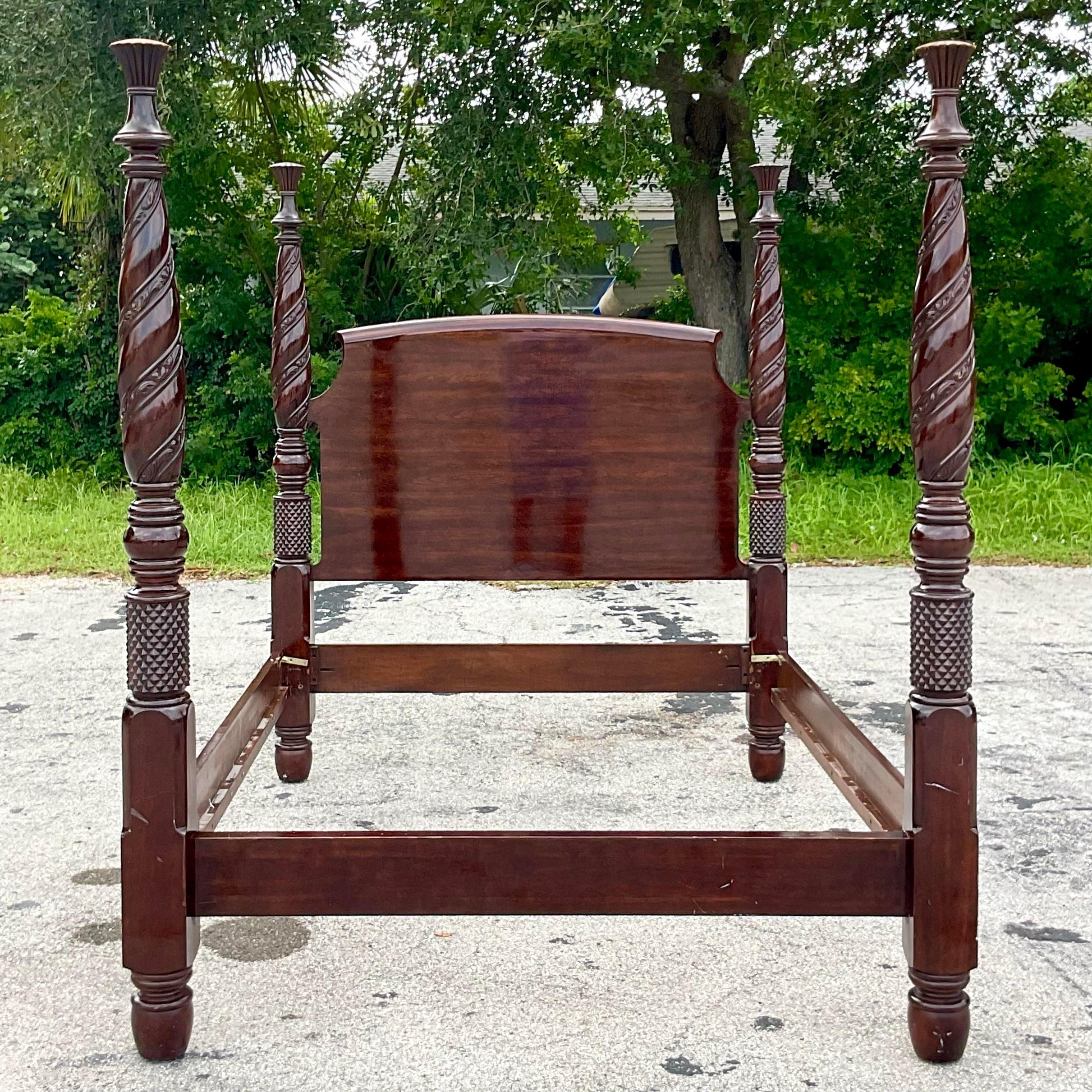 Late 20th Century Vintage Coastal Hand Carved Four Poster Queen Bed In Good Condition For Sale In west palm beach, FL