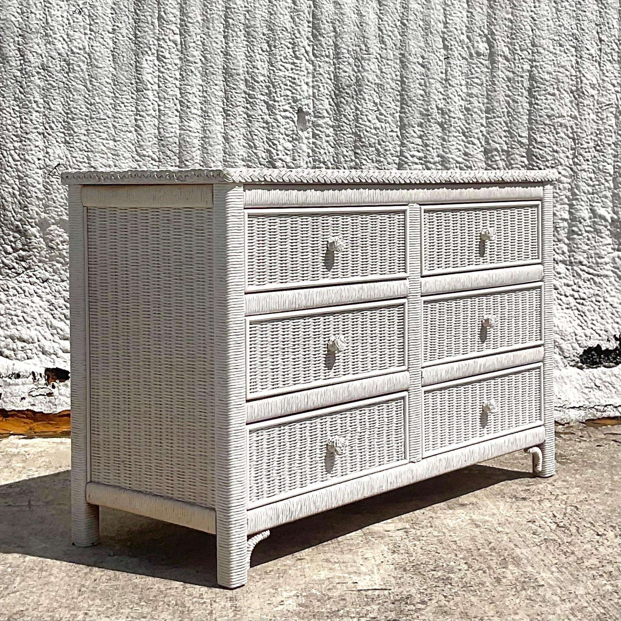 Late 20th Century Vintage Coastal Henry Link Wicker Dresser In Good Condition For Sale In west palm beach, FL