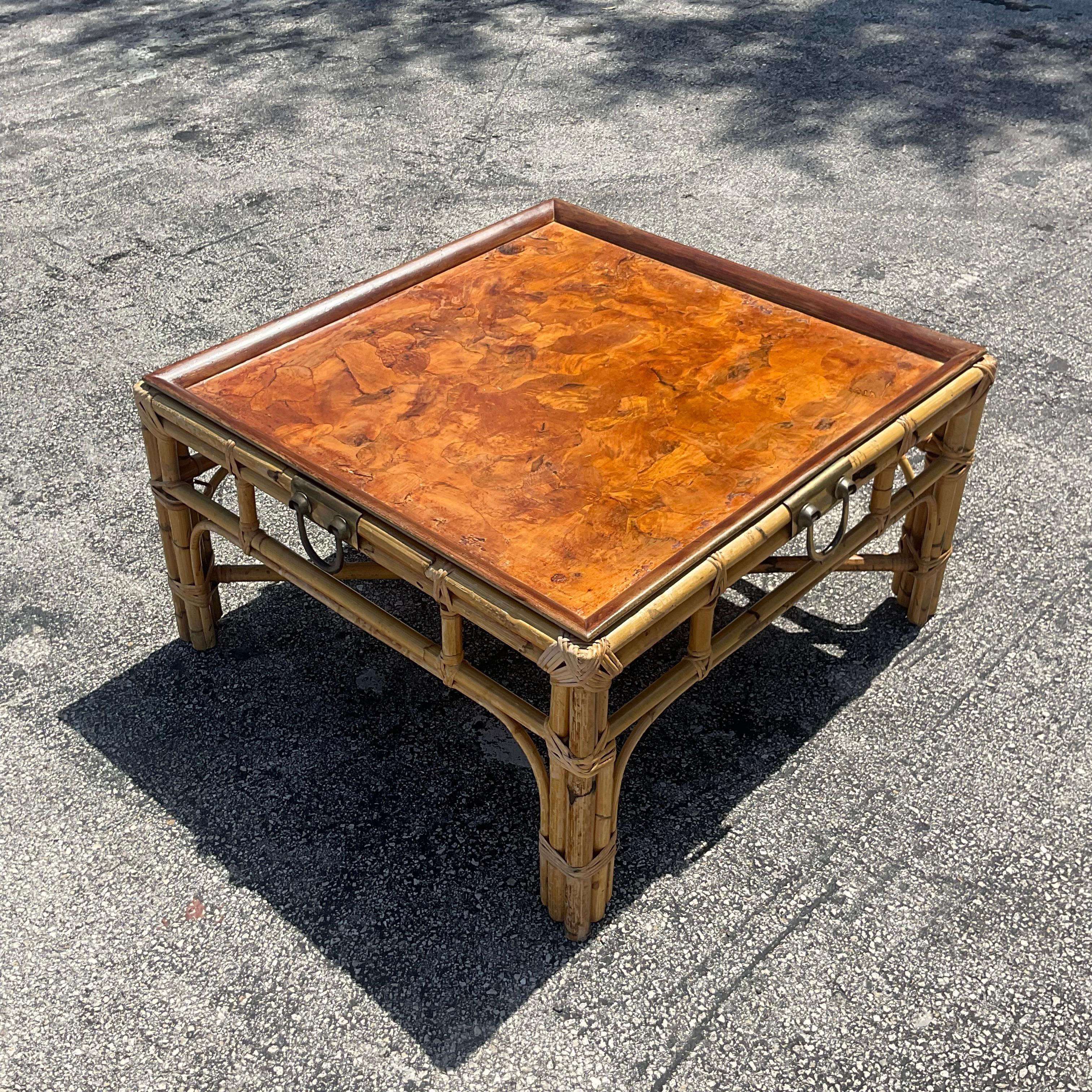 Late 20th Century Vintage Coastal Italian Burlwood and Rattan Coffee Table In Good Condition For Sale In west palm beach, FL