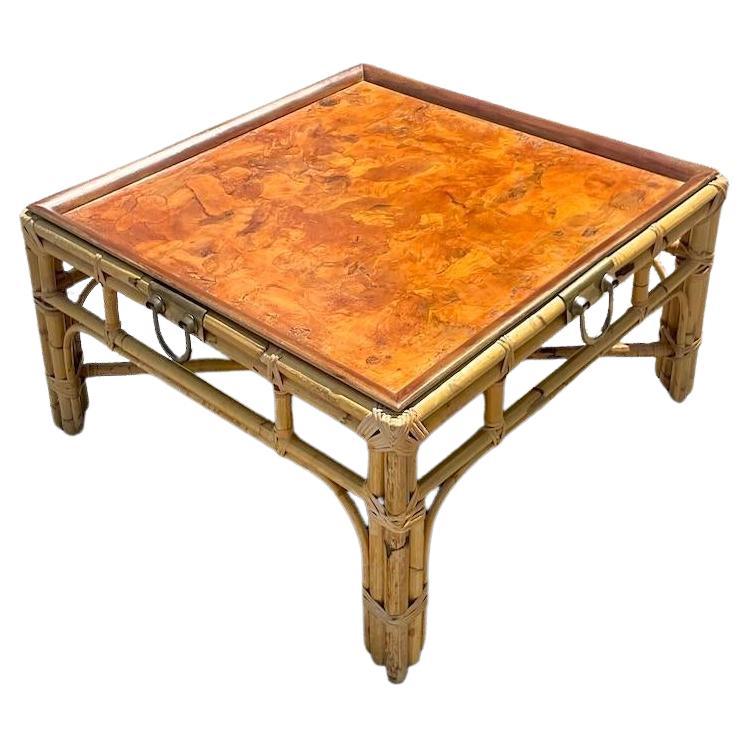 Late 20th Century Vintage Coastal Italian Burlwood and Rattan Coffee Table For Sale