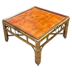 Late 20th Century Retro Coastal Italian Burlwood and Rattan Coffee Table