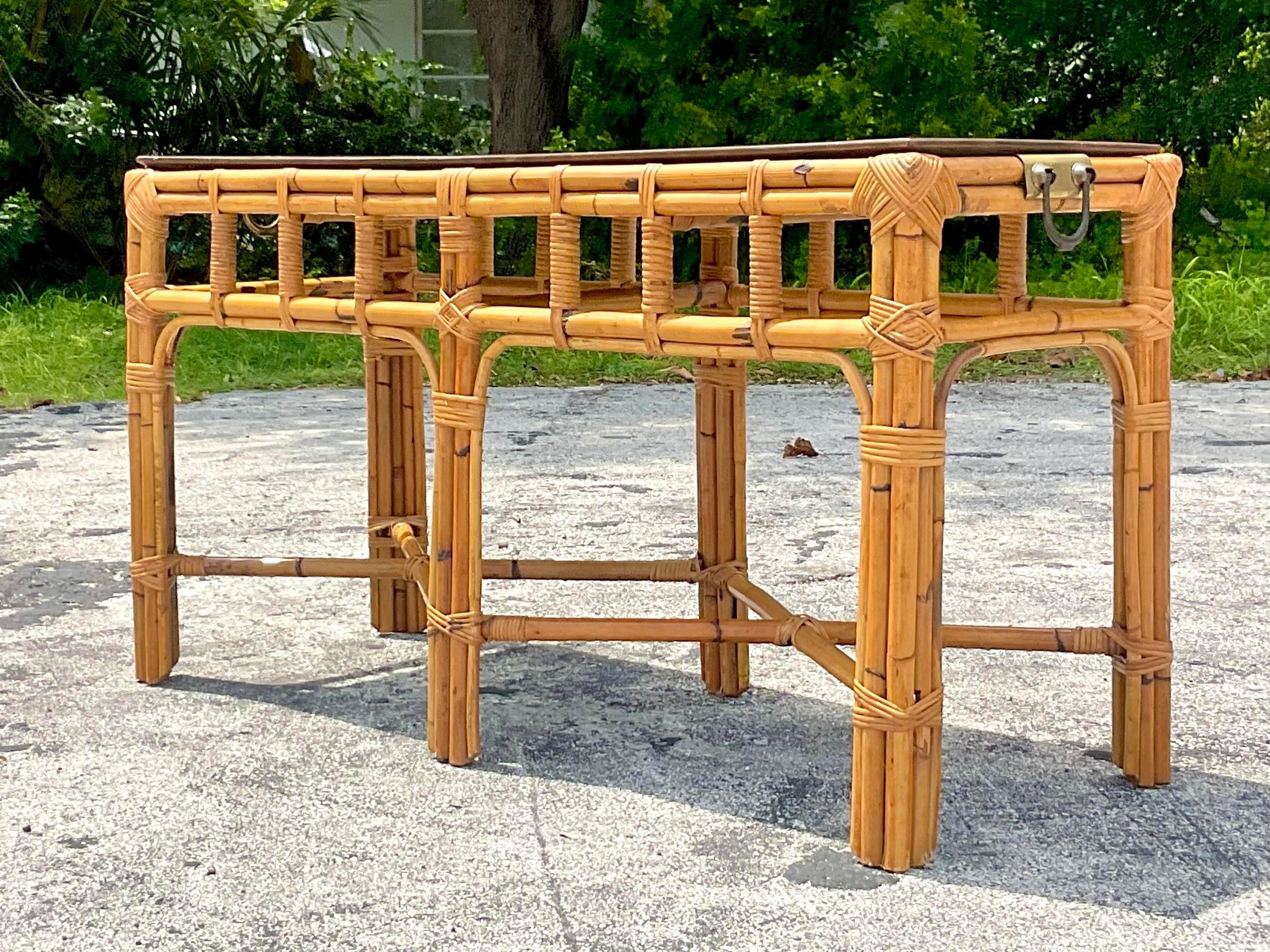 Late 20th Century Vintage Coastal Italian Rattan and Burl Wood Console Table In Good Condition For Sale In west palm beach, FL