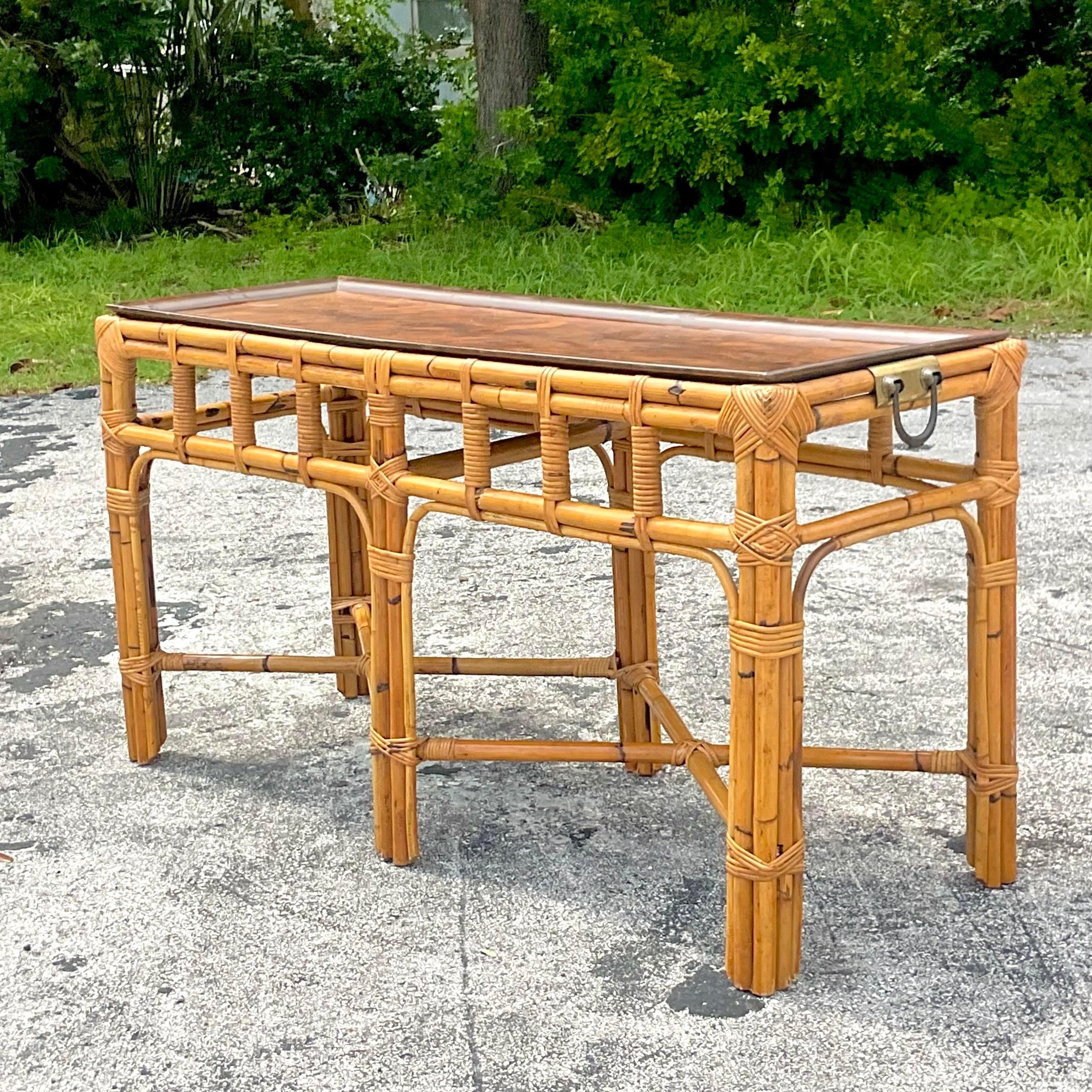 Late 20th Century Vintage Coastal Italian Rattan and Burl Wood Console Table For Sale 3