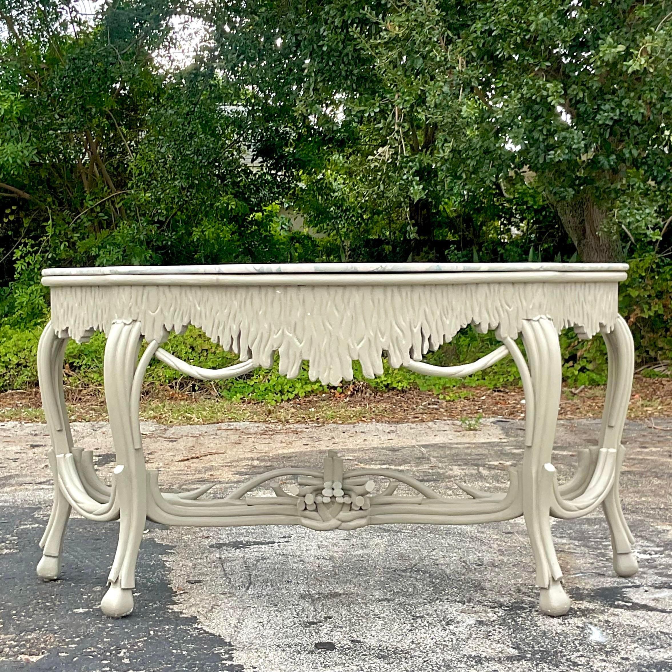 Late 20th Century Vintage Coastal Lacquered Faux Bois Console Table In Good Condition In west palm beach, FL