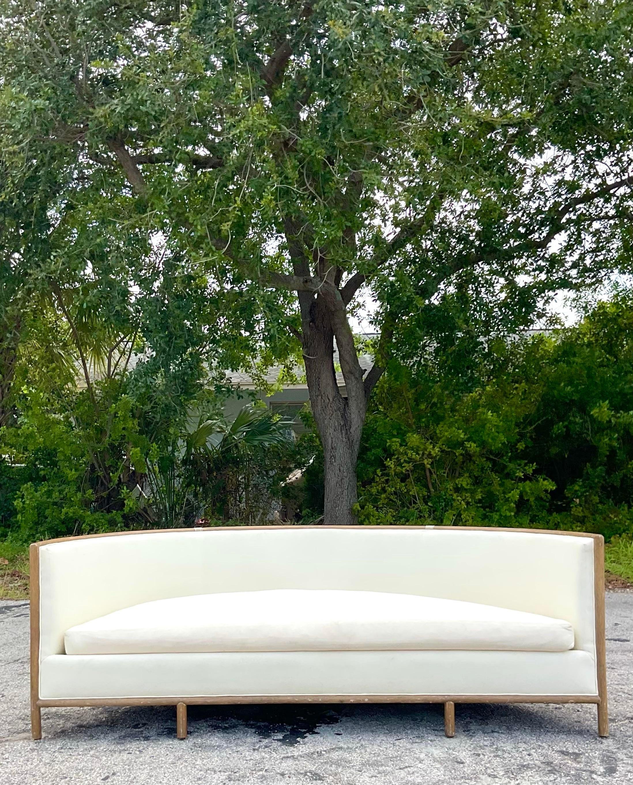 Late 20th Century Vintage Coastal McGuire Demilune Bent Rattan Sofa In Good Condition In West Palm Beach, FL