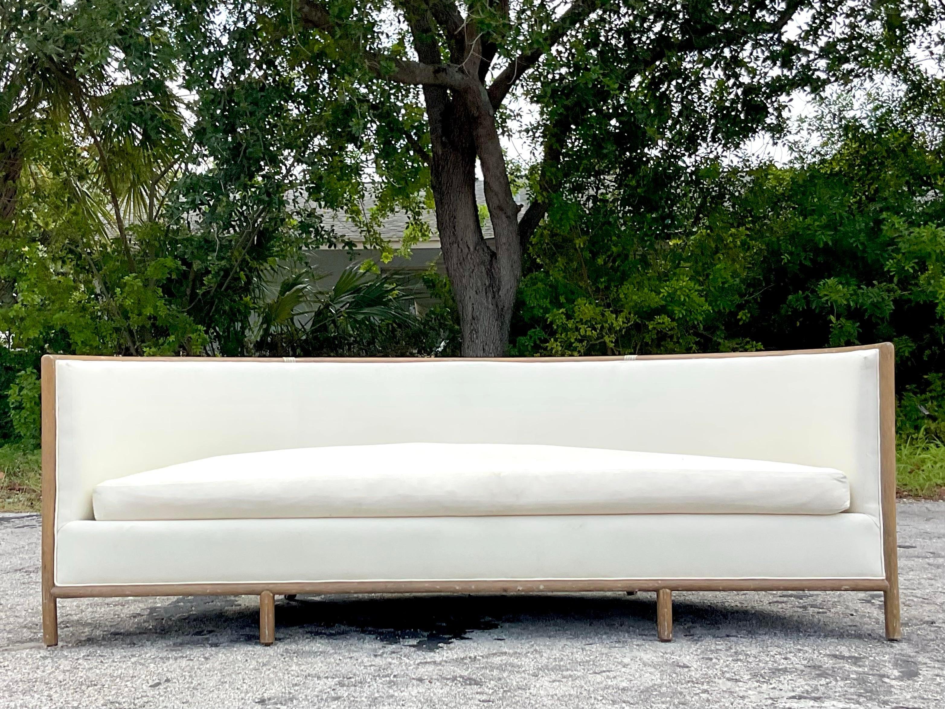 Upholstery Late 20th Century Vintage Coastal McGuire Demilune Bent Rattan Sofa