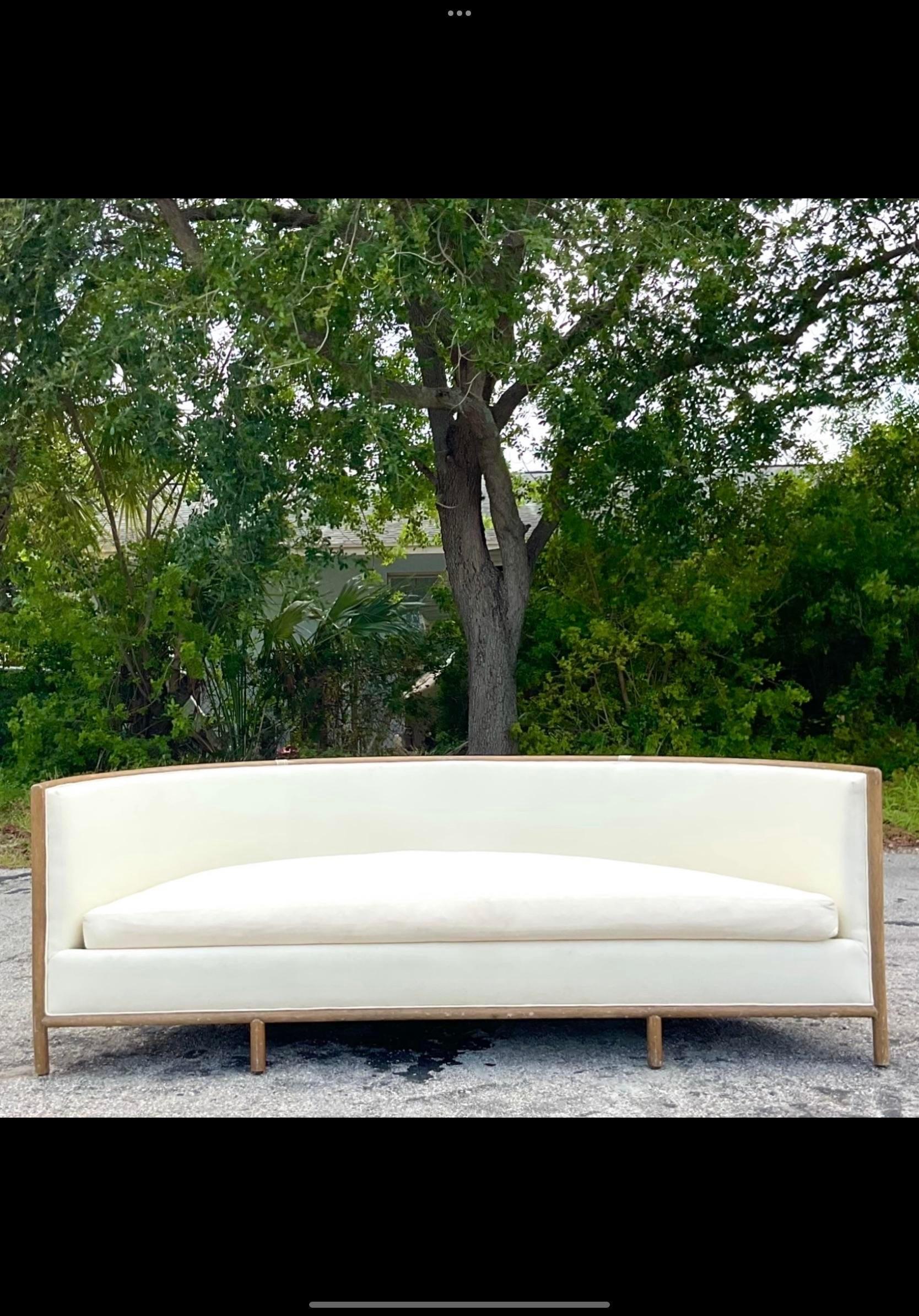 Late 20th Century Vintage Coastal McGuire Demilune Bent Rattan Sofa 2