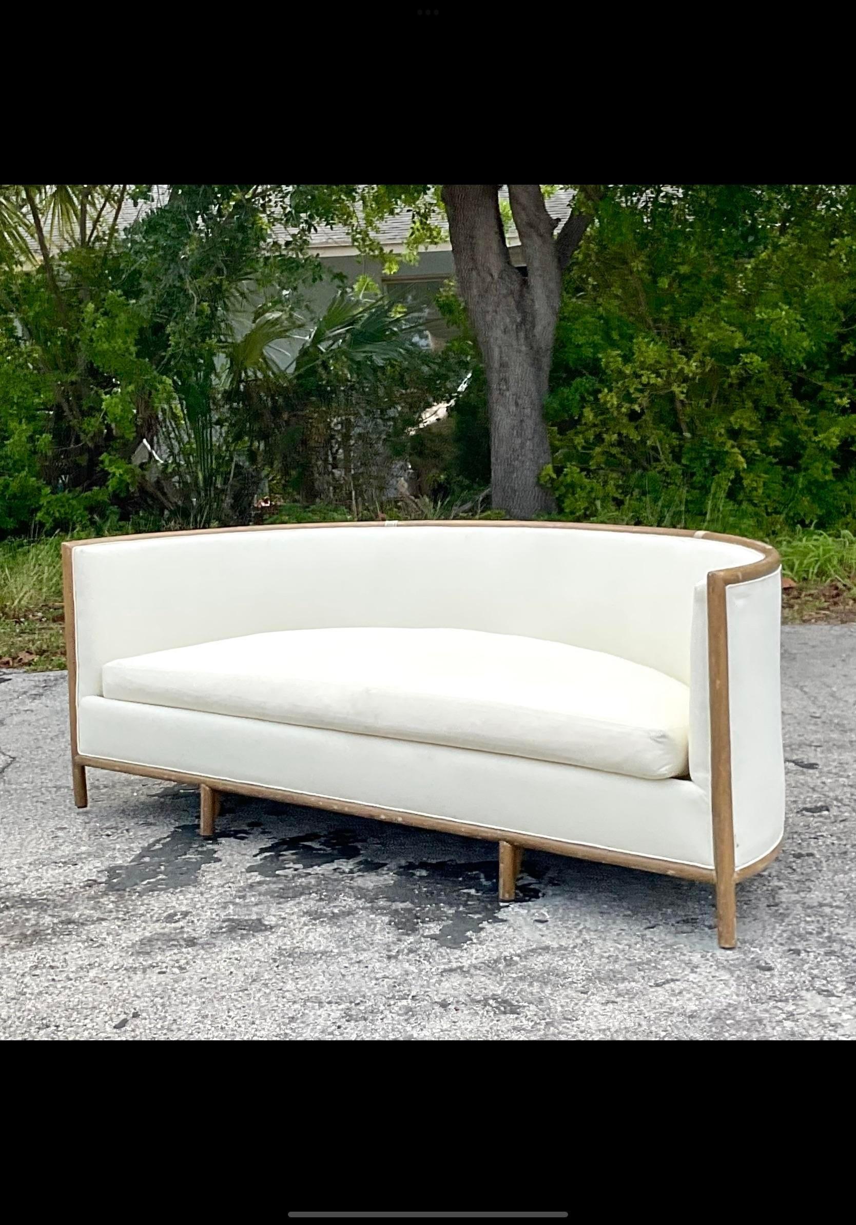 Late 20th Century Vintage Coastal McGuire Demilune Bent Rattan Sofa 3