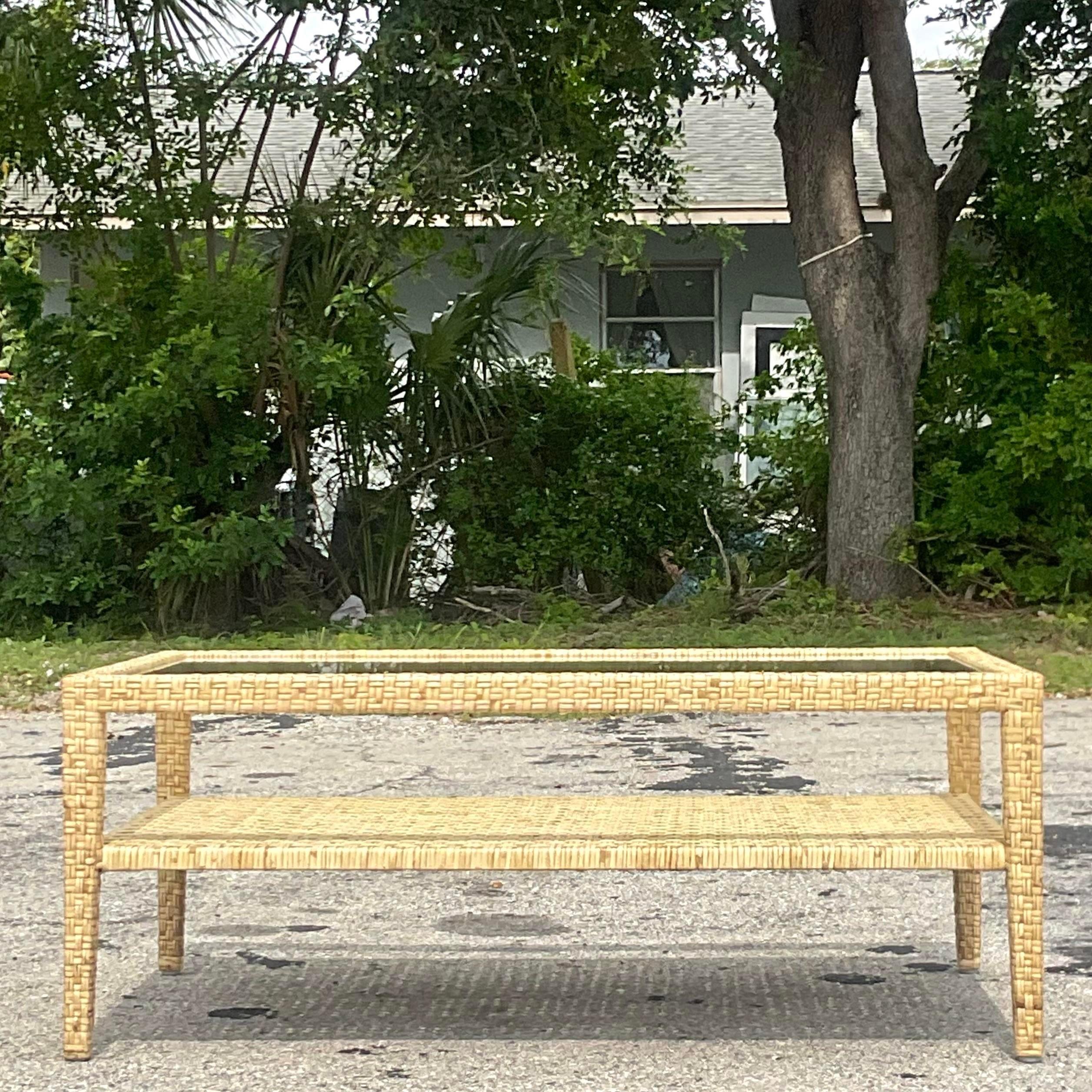 Philippine Late 20th Century Vintage Coastal McGuire Wide Ribbon Rattan Coffee Table For Sale