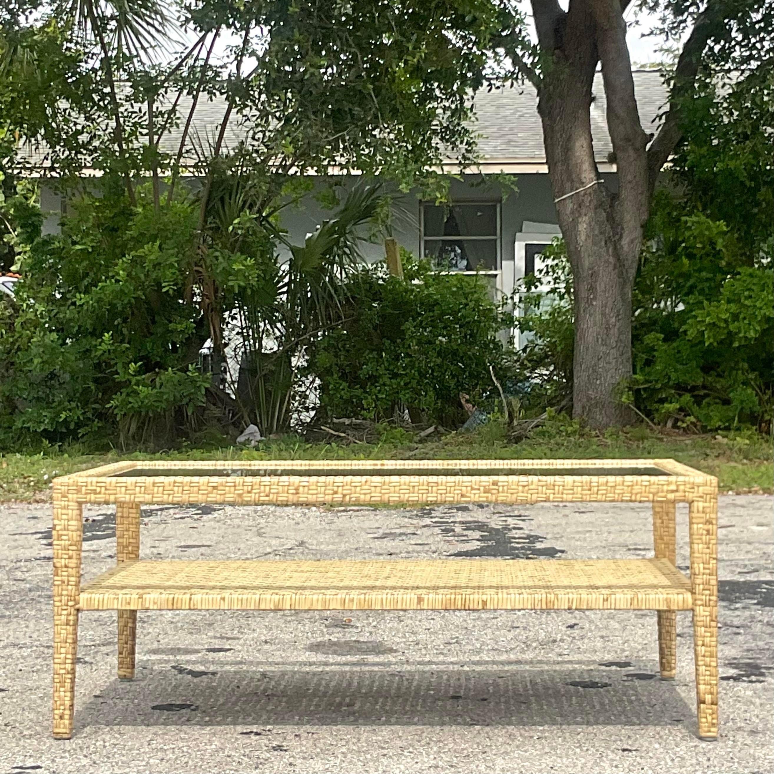 Late 20th Century Vintage Coastal McGuire Wide Ribbon Rattan Coffee Table In Good Condition For Sale In west palm beach, FL