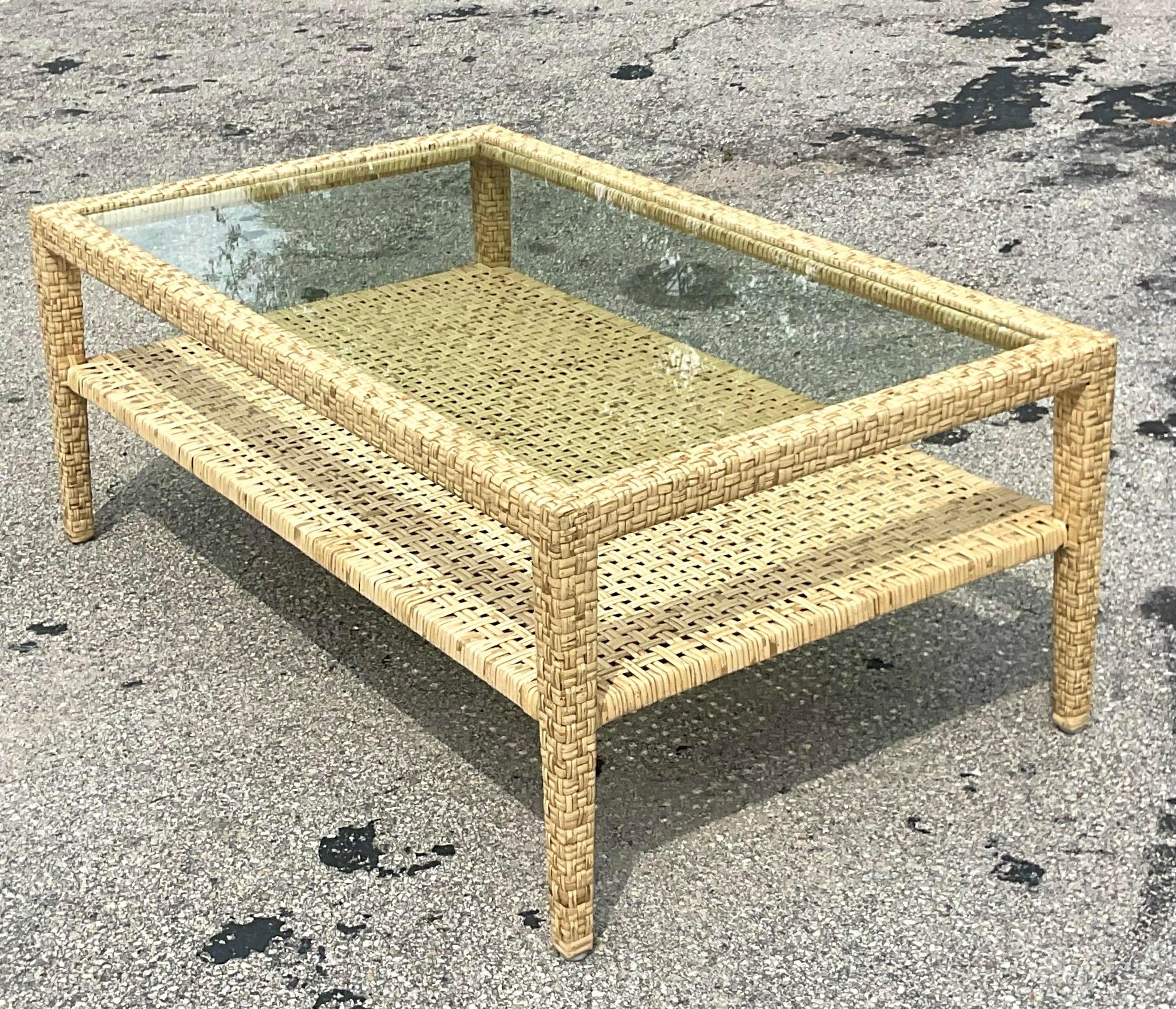 Late 20th Century Vintage Coastal McGuire Wide Ribbon Rattan Coffee Table For Sale 1