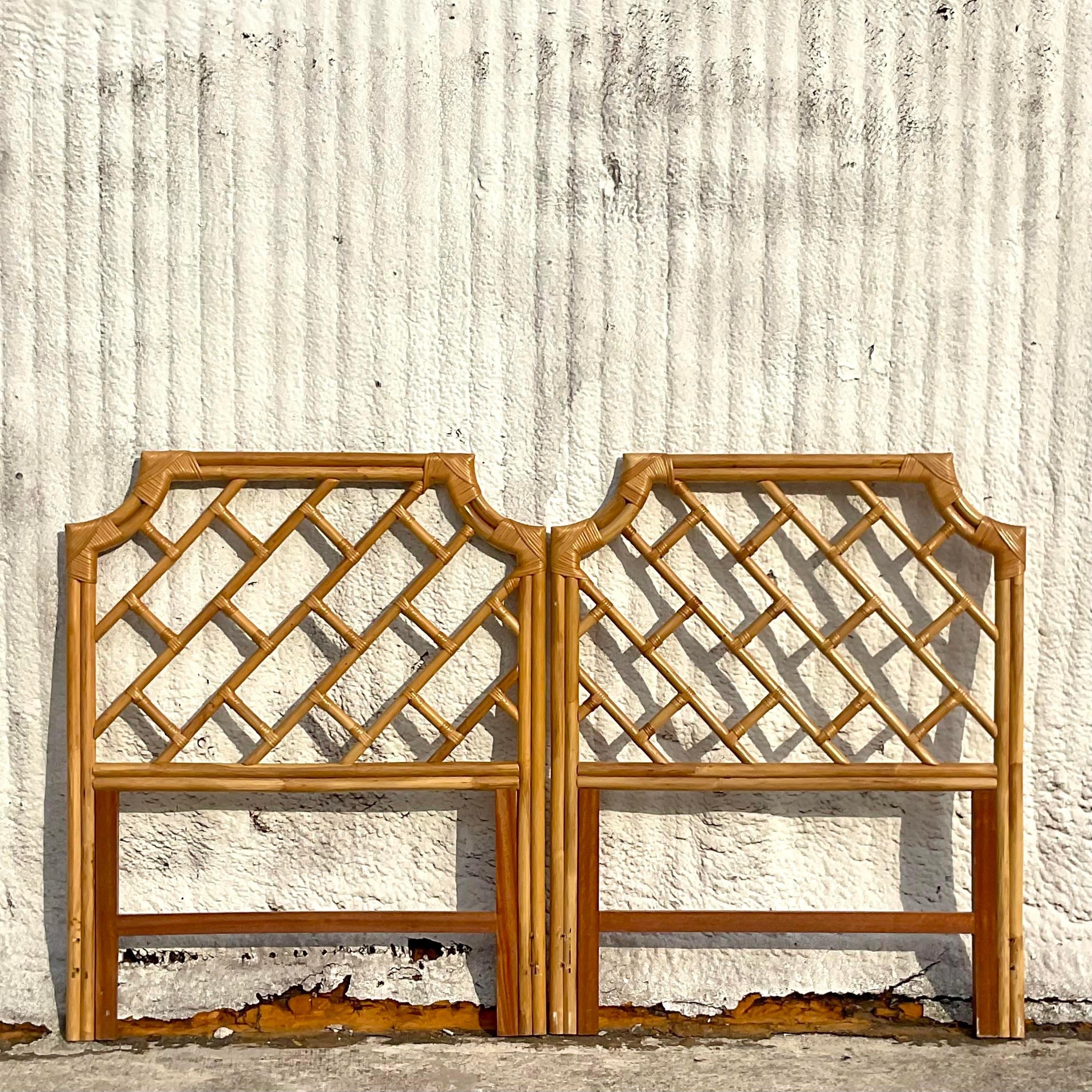 Philippine Late 20th Century Vintage Coastal Notched Corner Rattan Twin Headboards - a Pair