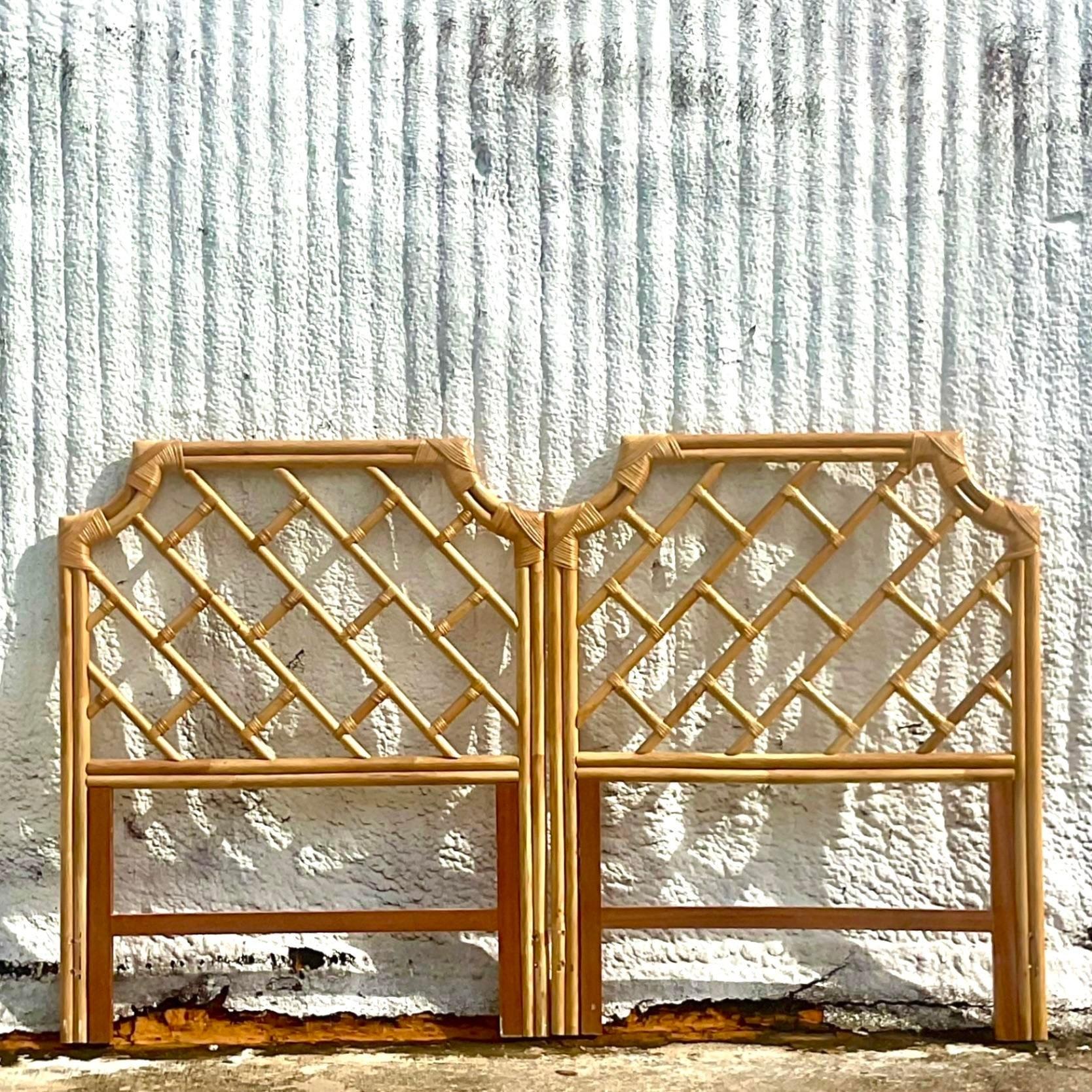 Late 20th Century Vintage Coastal Notched Corner Rattan Twin Headboards - a Pair In Good Condition In west palm beach, FL