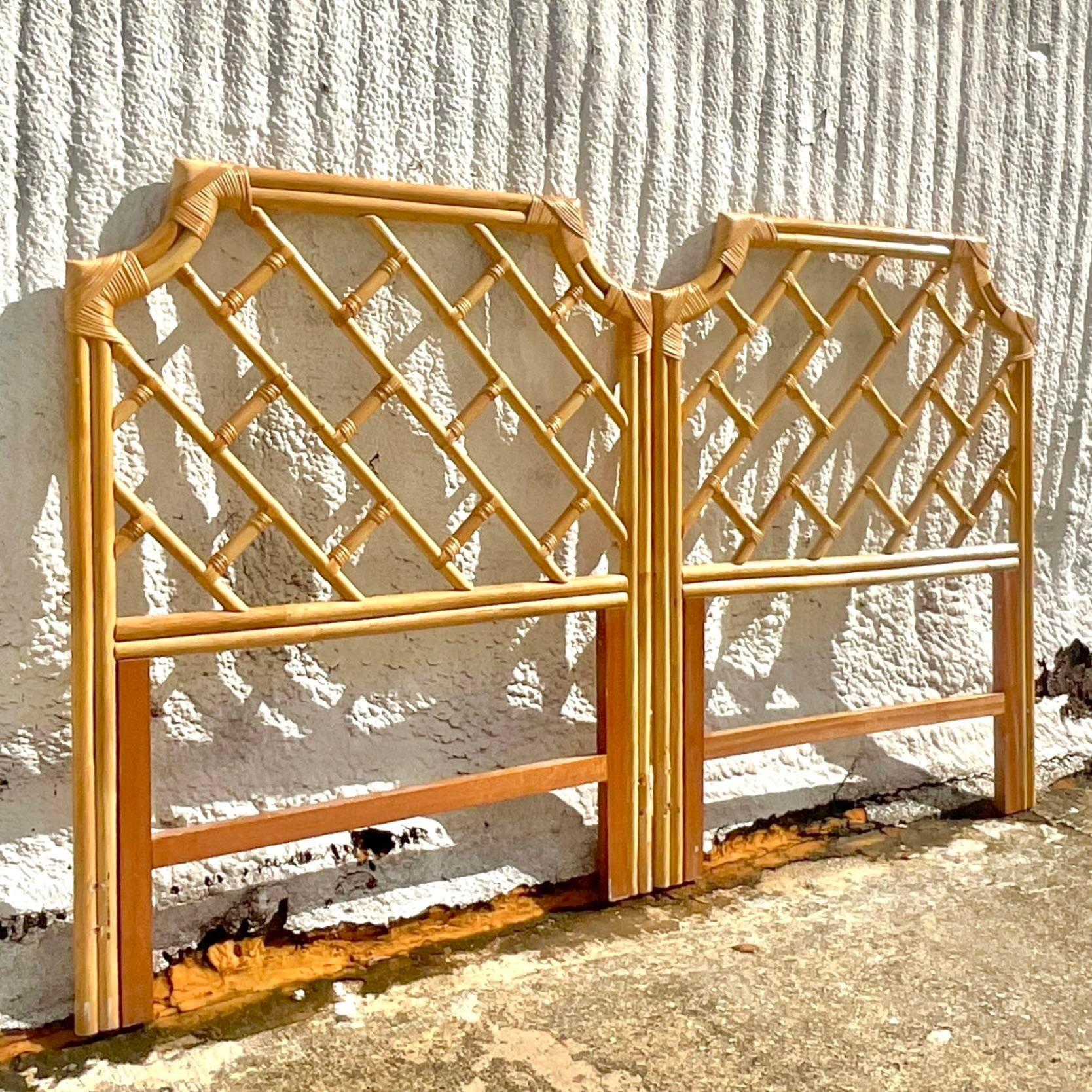 Late 20th Century Vintage Coastal Notched Corner Rattan Twin Headboards - a Pair 1
