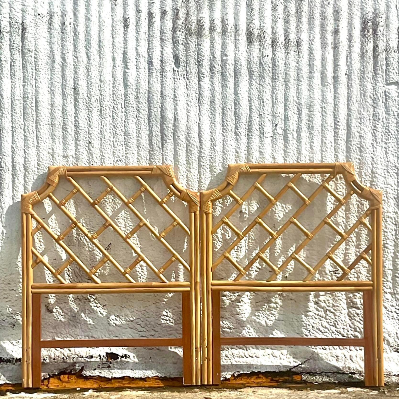 Late 20th Century Vintage Coastal Notched Corner Rattan Twin Headboards - a Pair 2