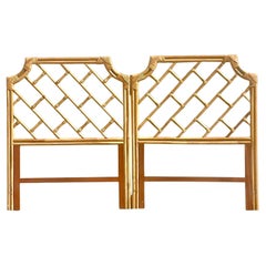 Late 20th Century Vintage Coastal Notched Corner Rattan Twin Headboards - a Pair