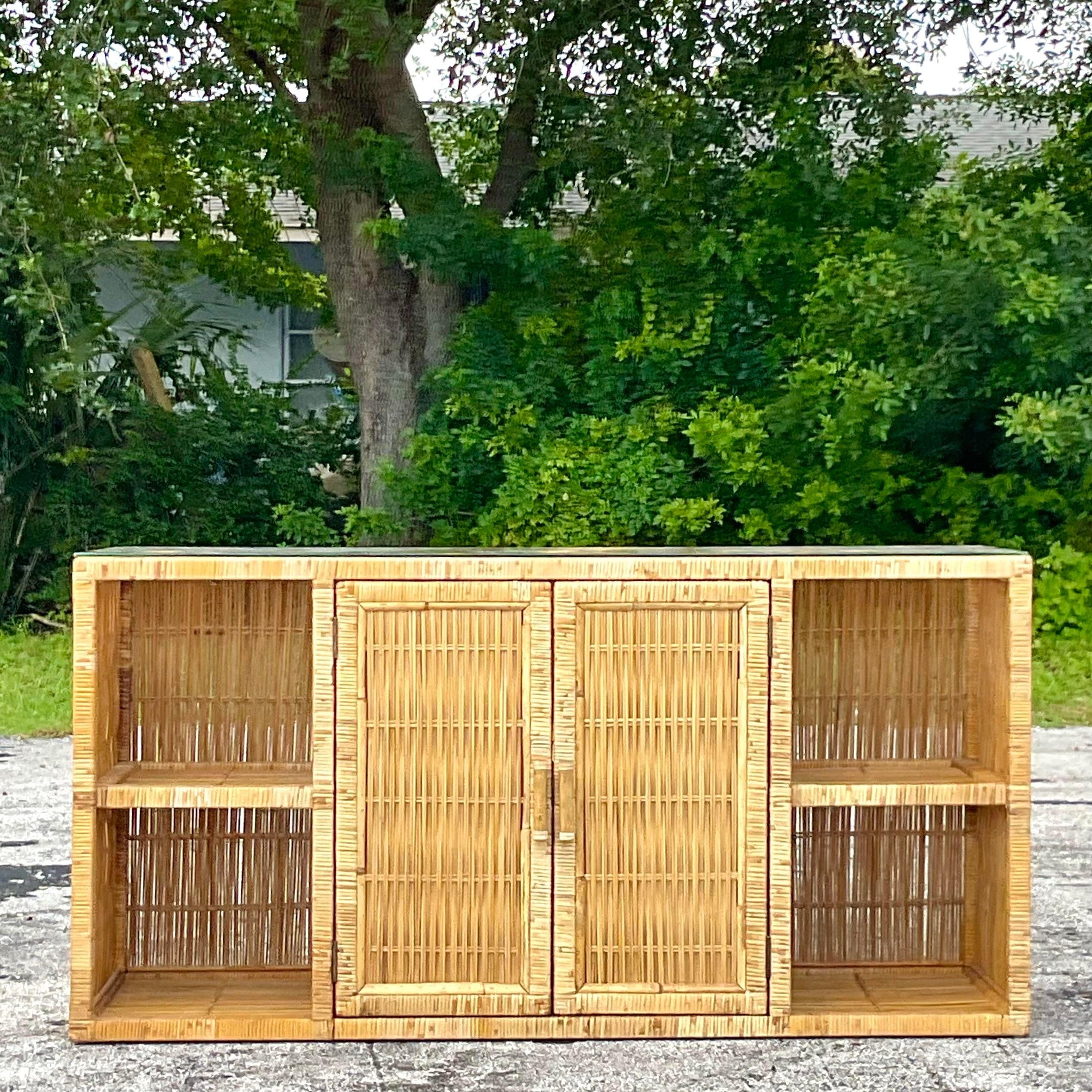 Late 20th Century Vintage Coastal Open Woven Rattan Credenza In Good Condition For Sale In west palm beach, FL