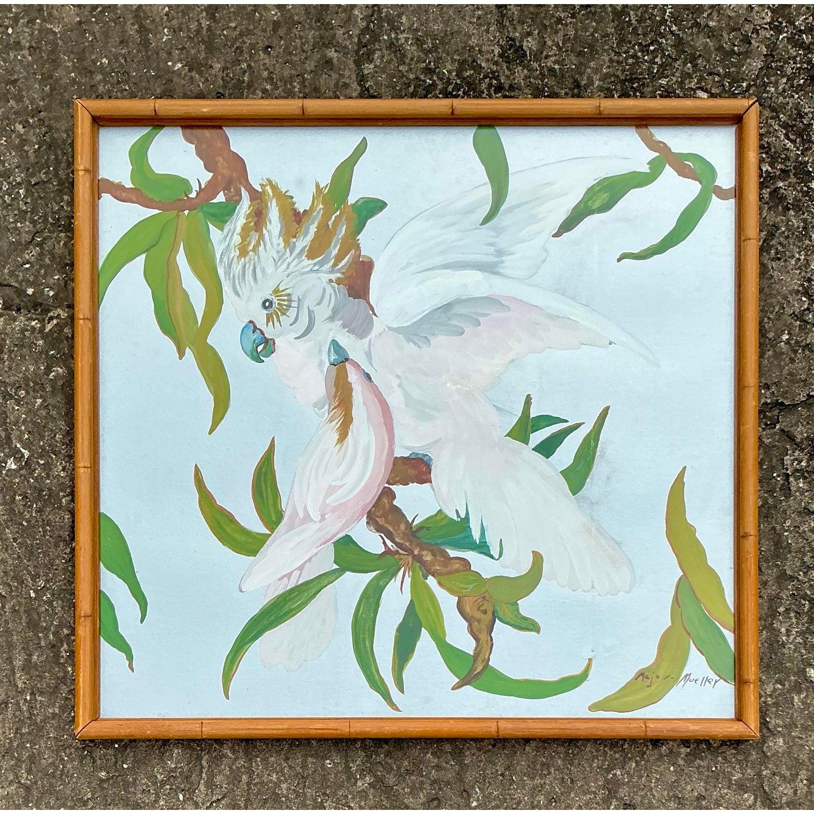 Apportez une touche de charme tropical et de style côtier vintage à votre intérieur avec cette peinture à l'huile originale d'un cacatoès vibrant perché sur des branches feuillues. Riche en caractère et rendue avec un coup de pinceau expressif,