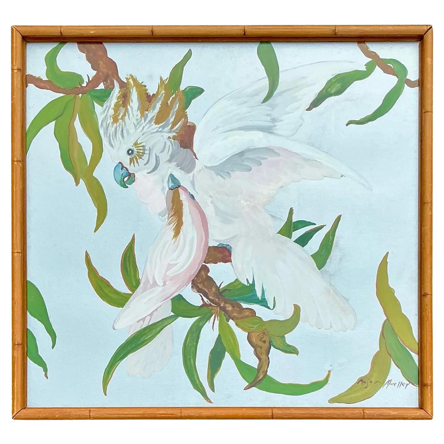 Late 20th Century Vintage Coastal Original Oil Painting of Cockatoo on Board