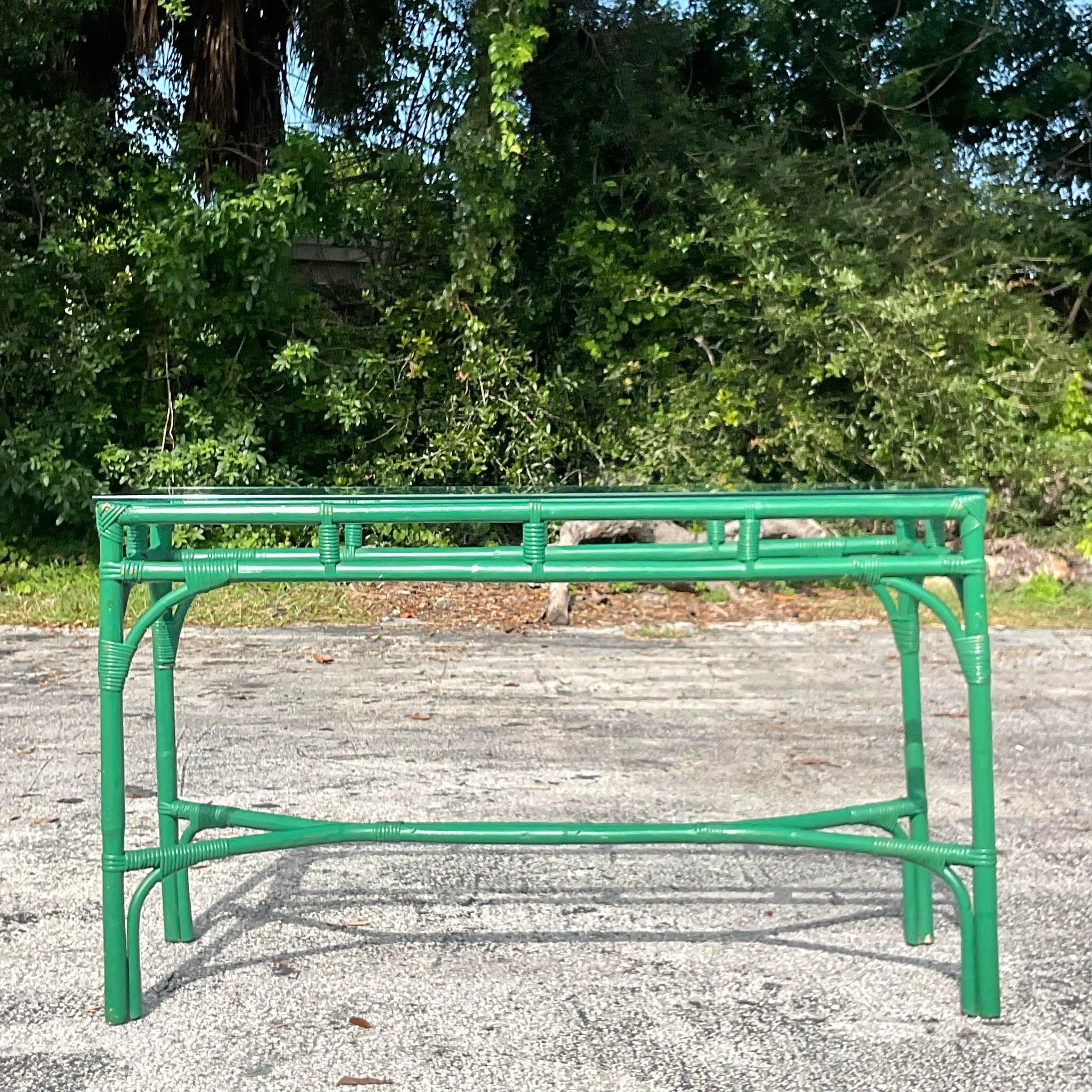 Late 20th Century Vintage Coastal Painted Rattan Console Table In Good Condition In west palm beach, FL