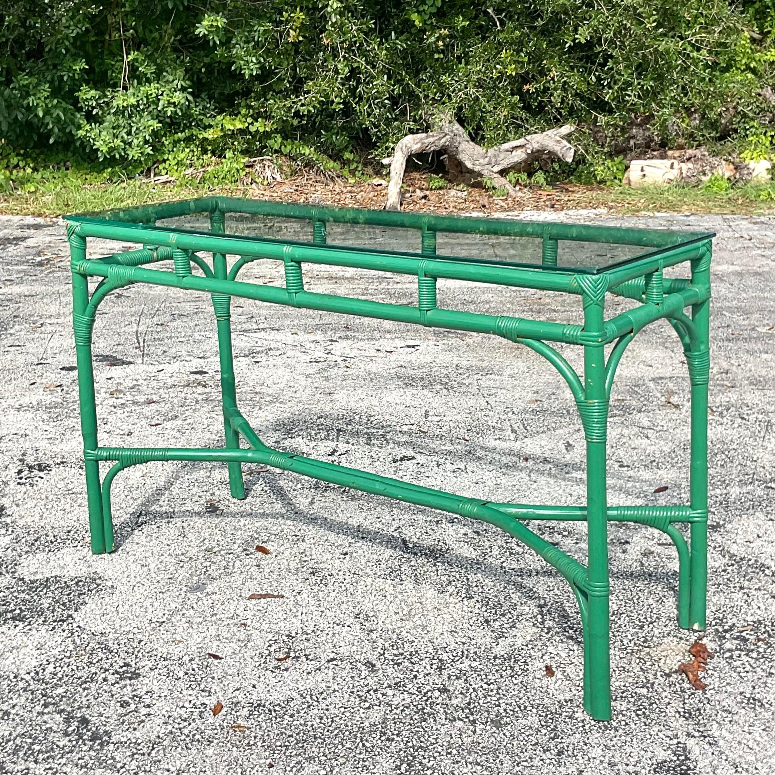 Late 20th Century Vintage Coastal Painted Rattan Console Table 1