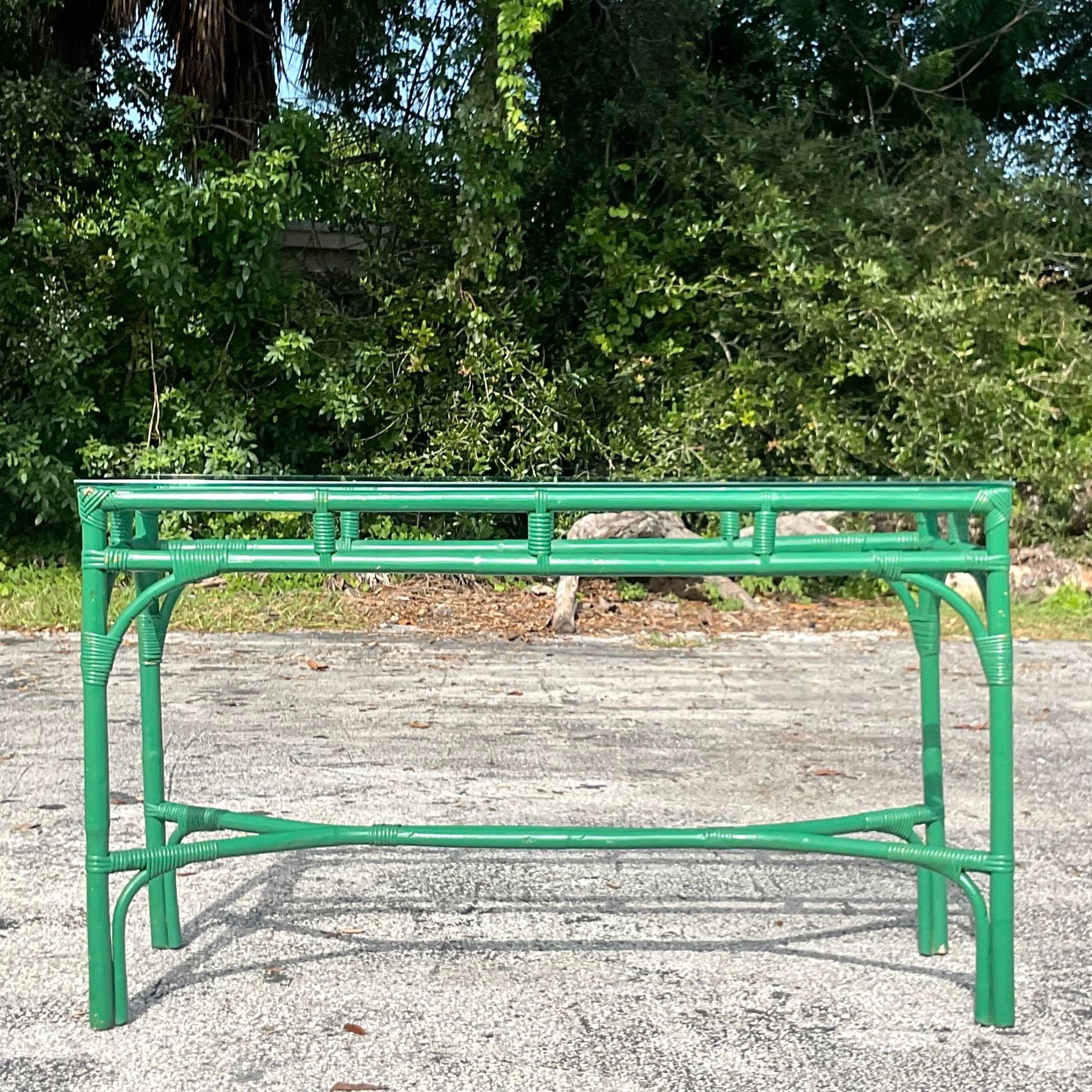 Late 20th Century Vintage Coastal Painted Rattan Console Table 2