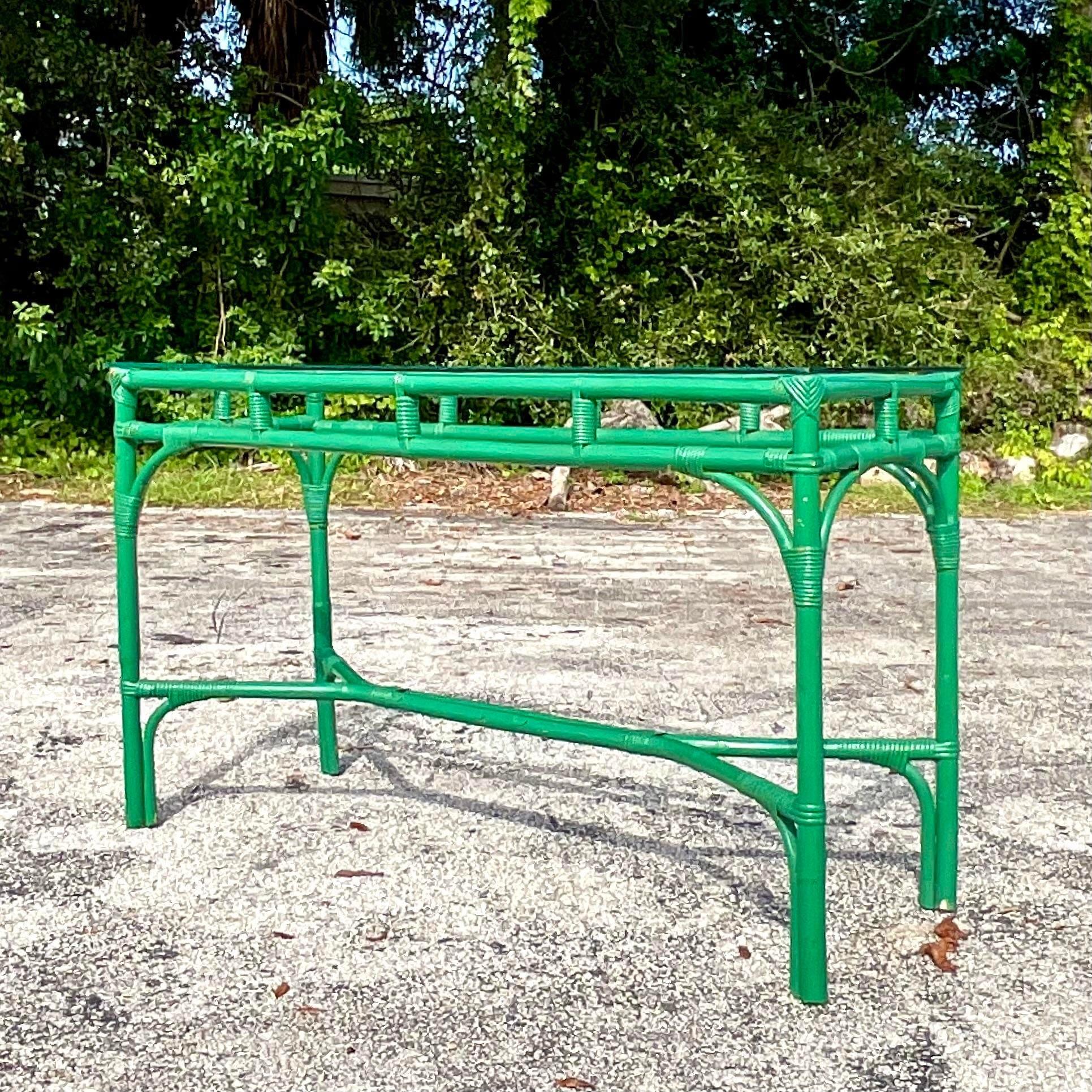 Late 20th Century Vintage Coastal Painted Rattan Console Table 3