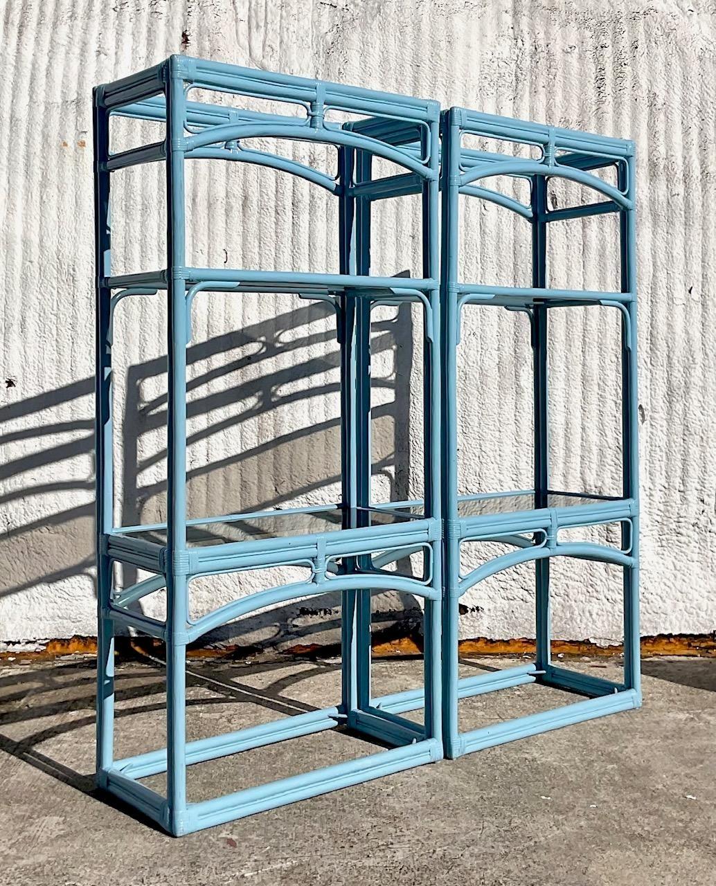American Late 20th Century Vintage Coastal Painted Rattan Etagere - a Pair For Sale