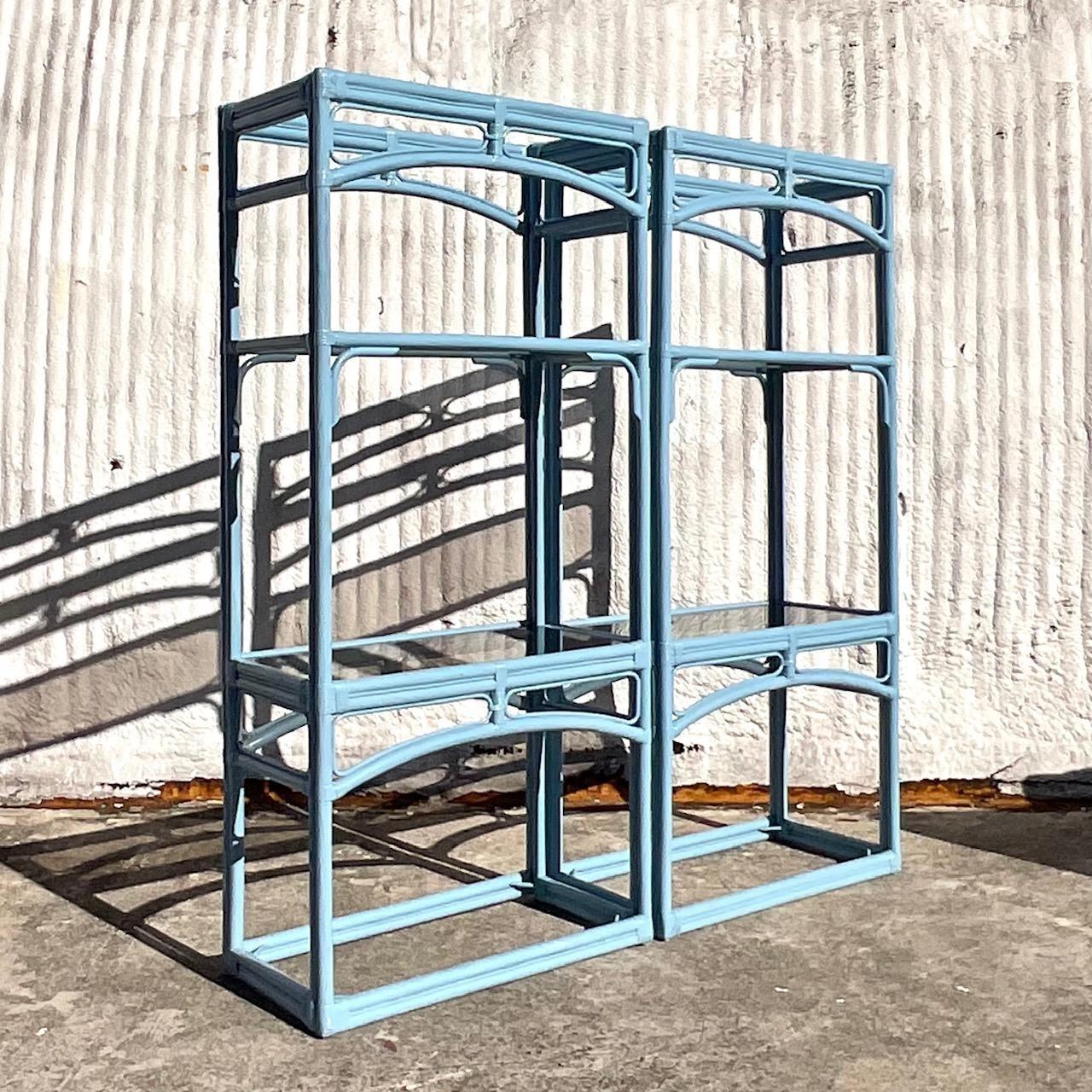 Late 20th Century Vintage Coastal Painted Rattan Etagere - a Pair In Good Condition For Sale In west palm beach, FL