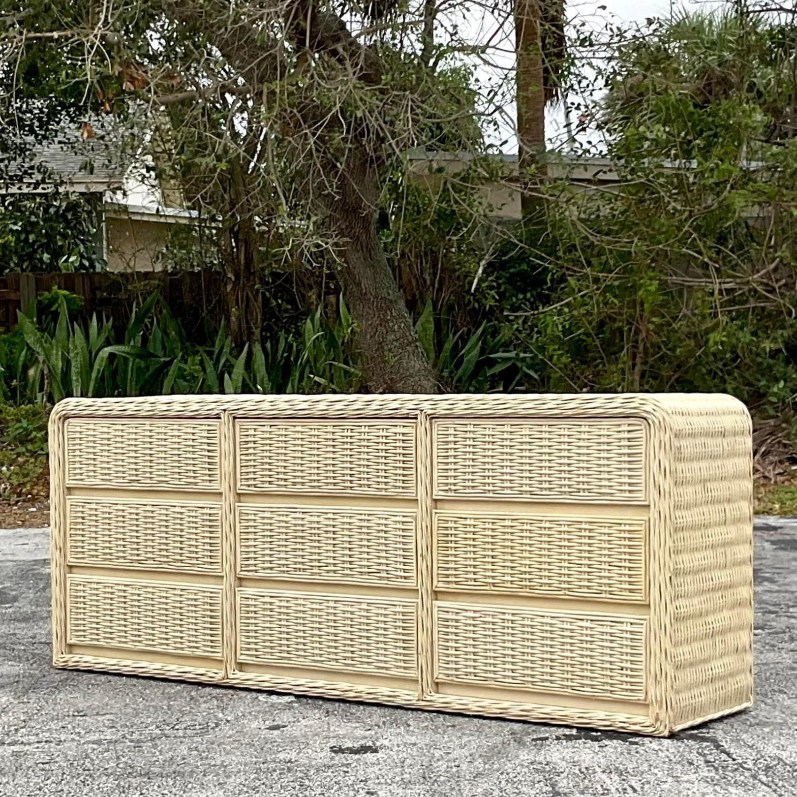 Late 20th Century Vintage Coastal Painted Woven Rattan Waterfall Dresser In Good Condition For Sale In west palm beach, FL