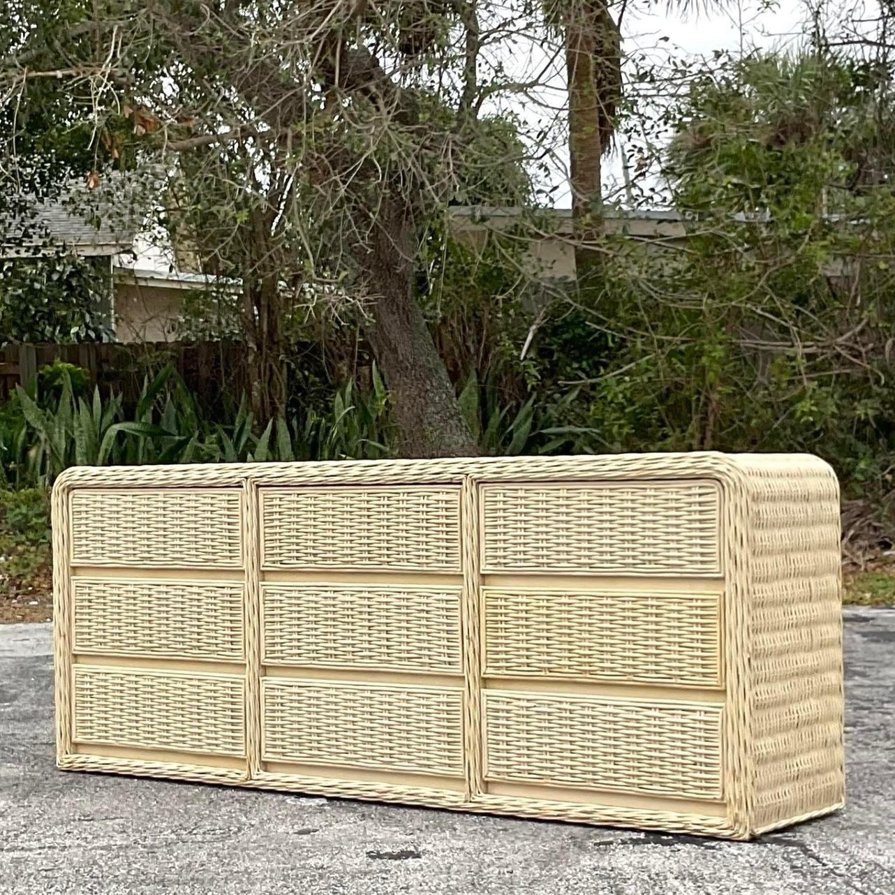 Late 20th Century Vintage Coastal Painted Woven Rattan Waterfall Dresser For Sale 2