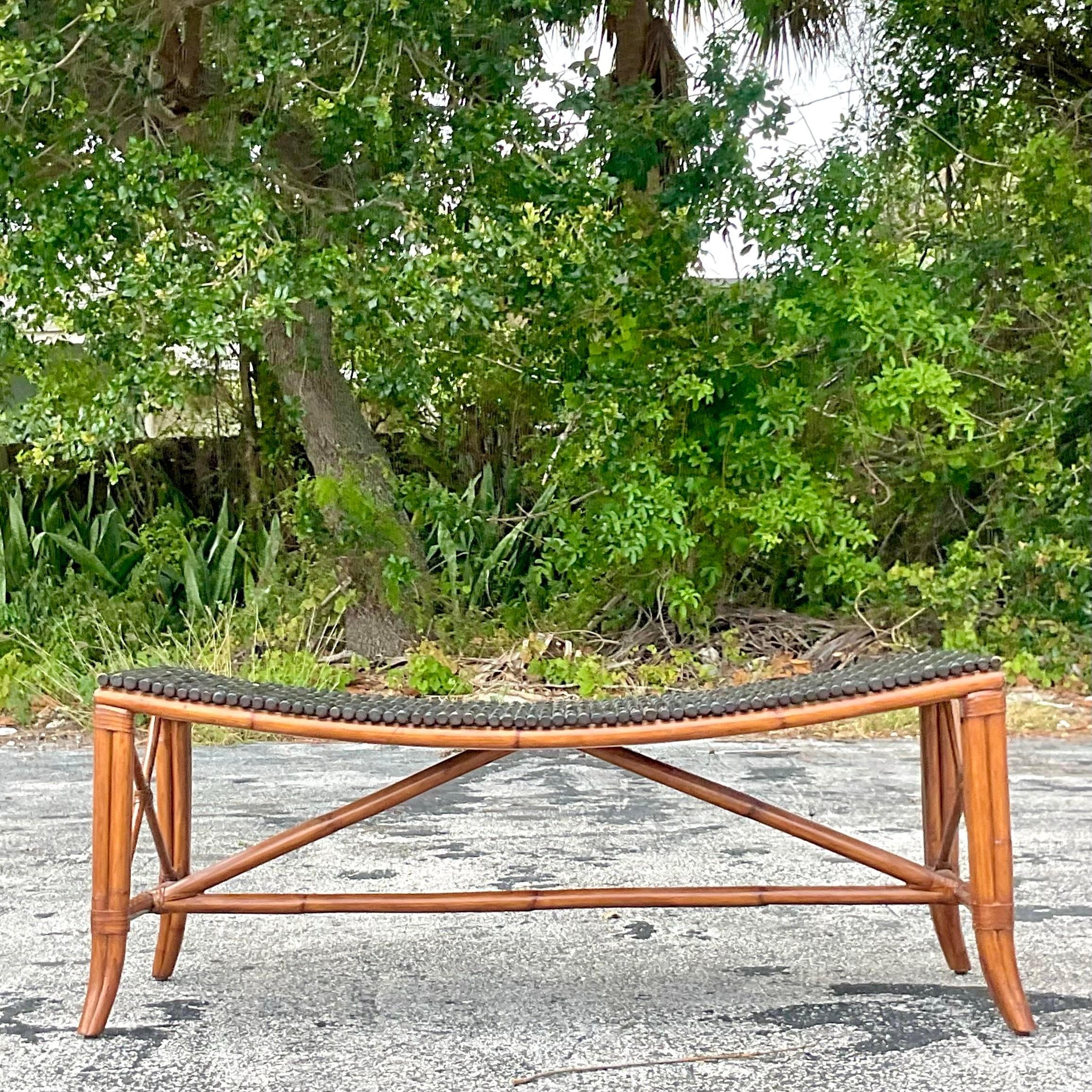 Late 20th Century Vintage Coastal Palecek Rattan Bench In Good Condition For Sale In west palm beach, FL