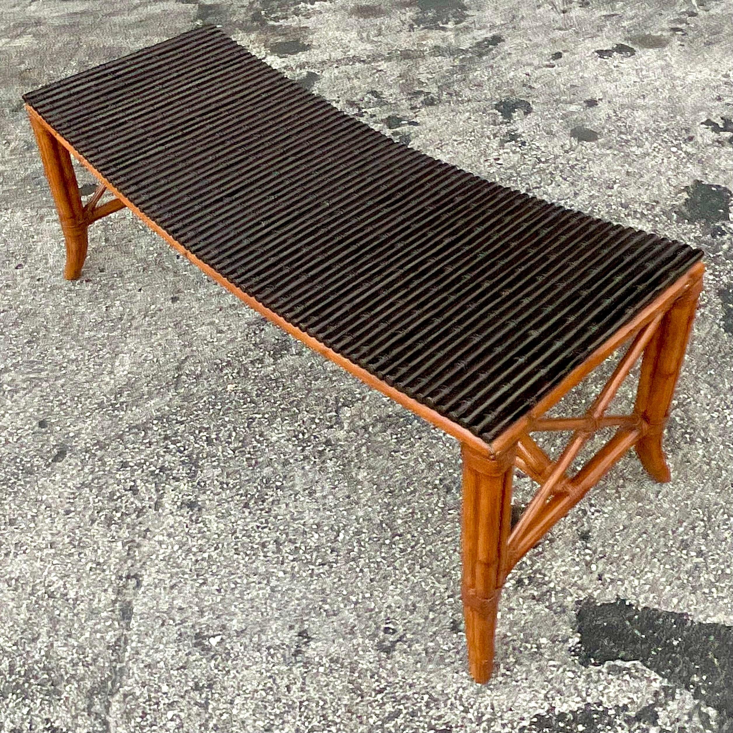 Fin du 20ème siècle Vintage Coastal Palecek Rattan Bench 1