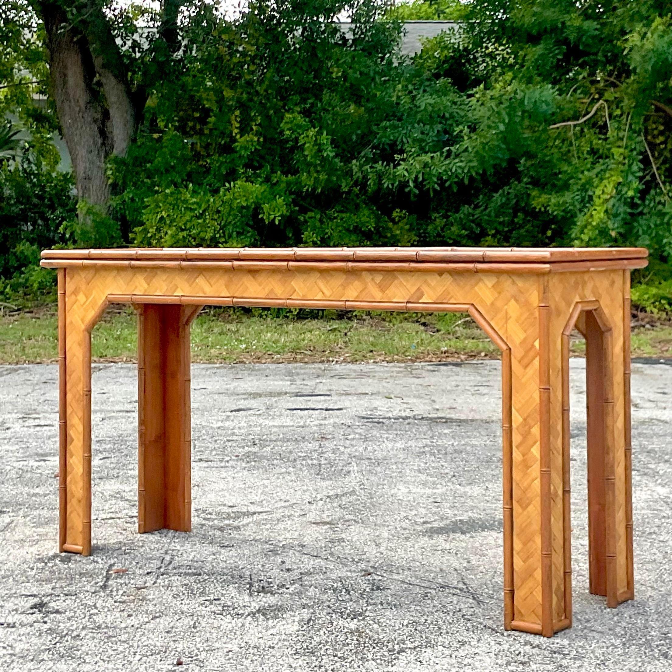 American Late 20th Century Vintage Coastal Parquet Rattan Console Table