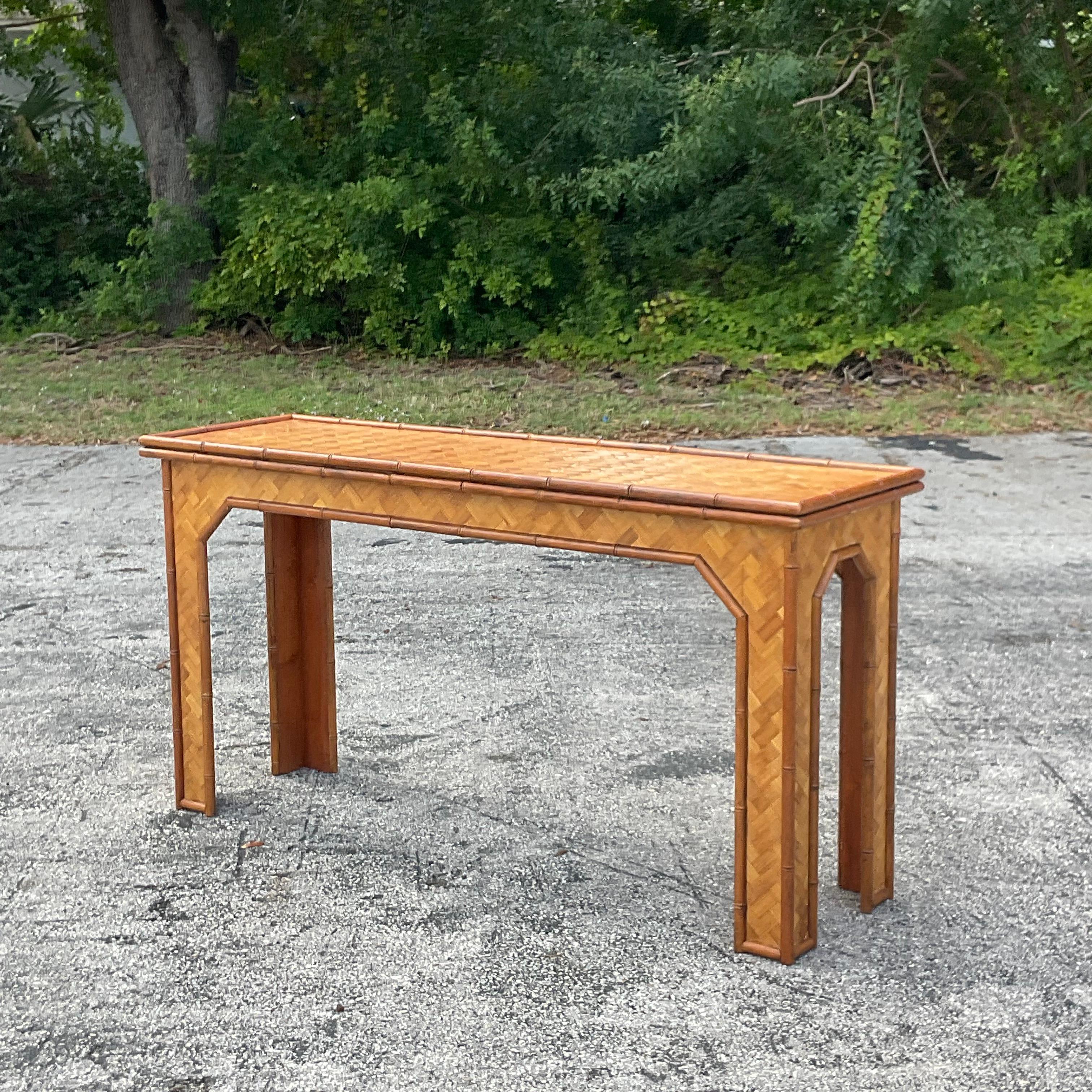 Late 20th Century Vintage Coastal Parquet Rattan Console Table In Good Condition In West Palm Beach, FL