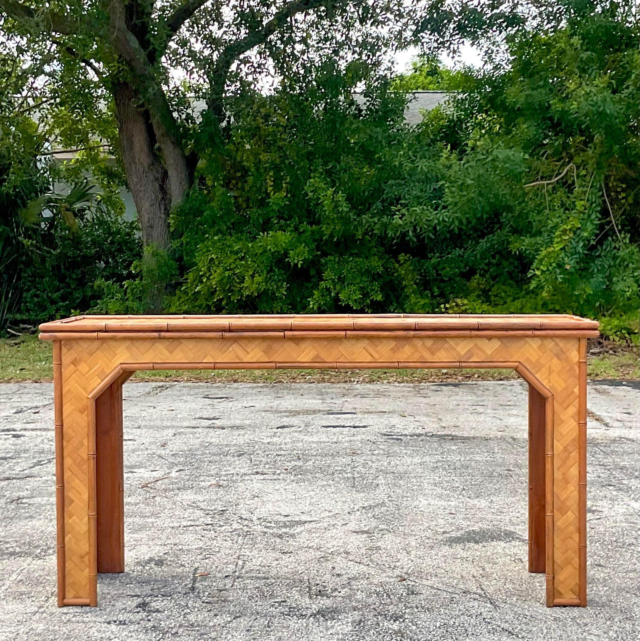 Late 20th Century Vintage Coastal Parquet Rattan Console Table 1