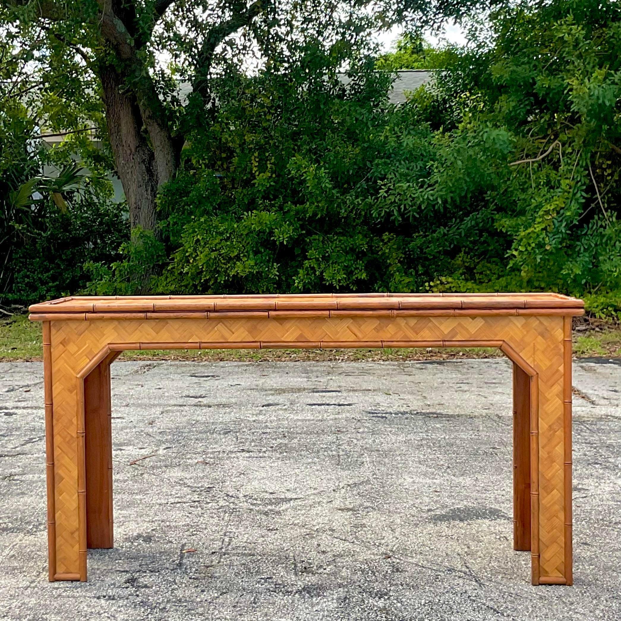 Late 20th Century Vintage Coastal Parquet Rattan Console Table 2