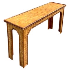 Late 20th Century Vintage Coastal Parquet Rattan Console Table