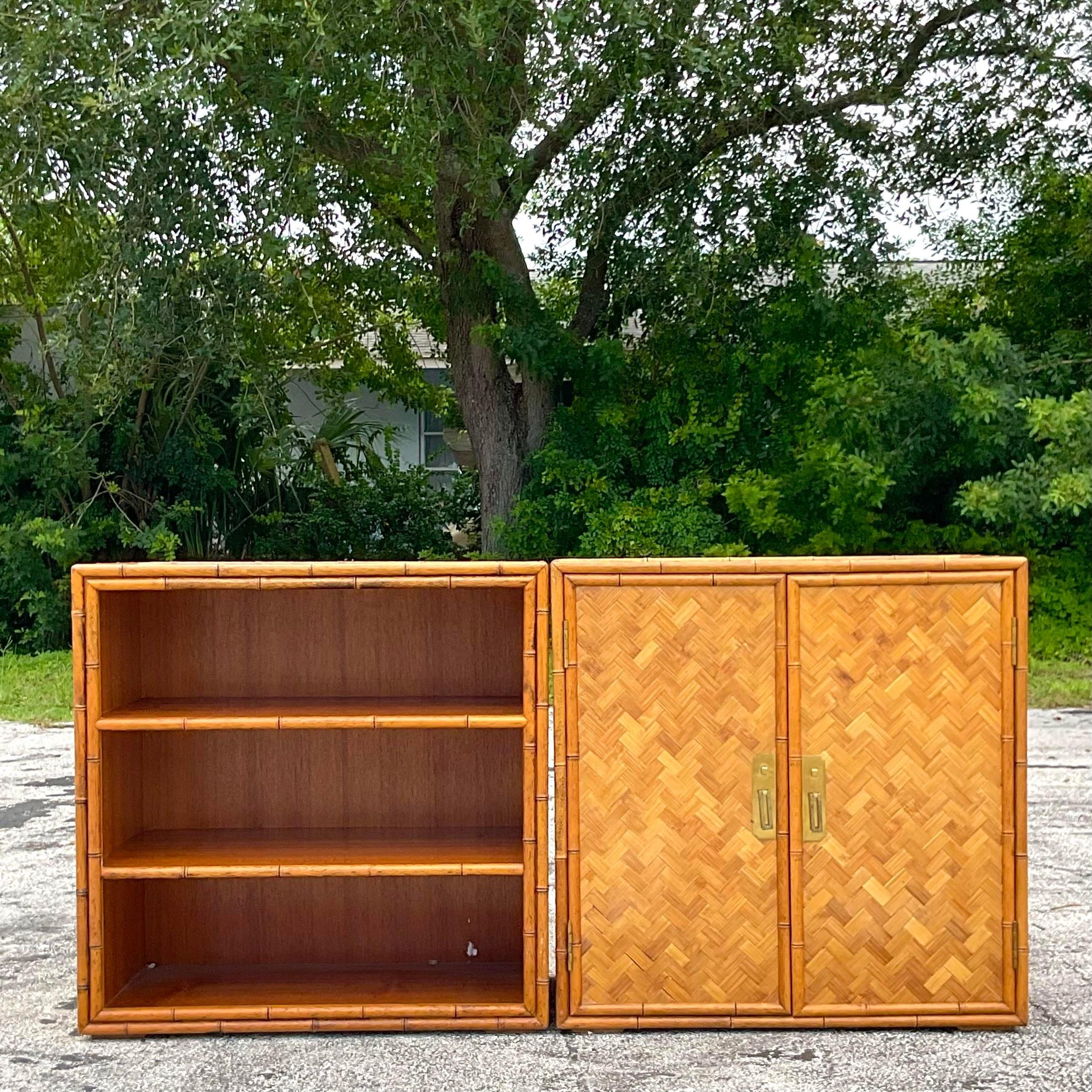 A fabulous vintage Coastal credenza. Two storage cabinets paired together to create the perfect storage credenza. Perfect together as a credenza or separate to use and nightstands. You decide! Acquired from a Palm Beach estate.

Individual width for
