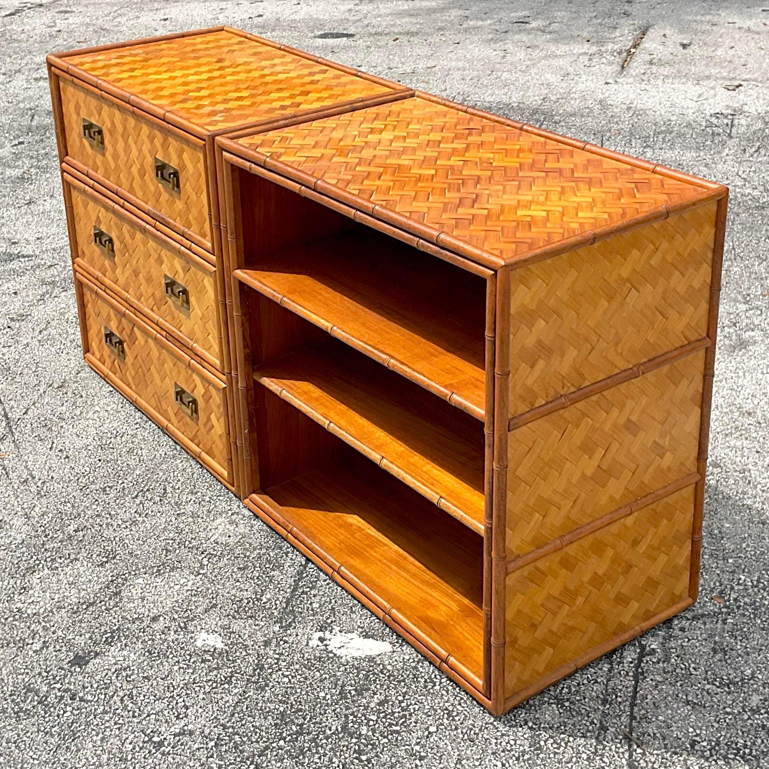 A sensational vintage Coastal credenza set. Two beautiful parquet rattan cabinets that are used together to create this credenza. Perfect together or separate to use as nightstands. You decide? Lots of great storage below. Acquired from a Palm Beach