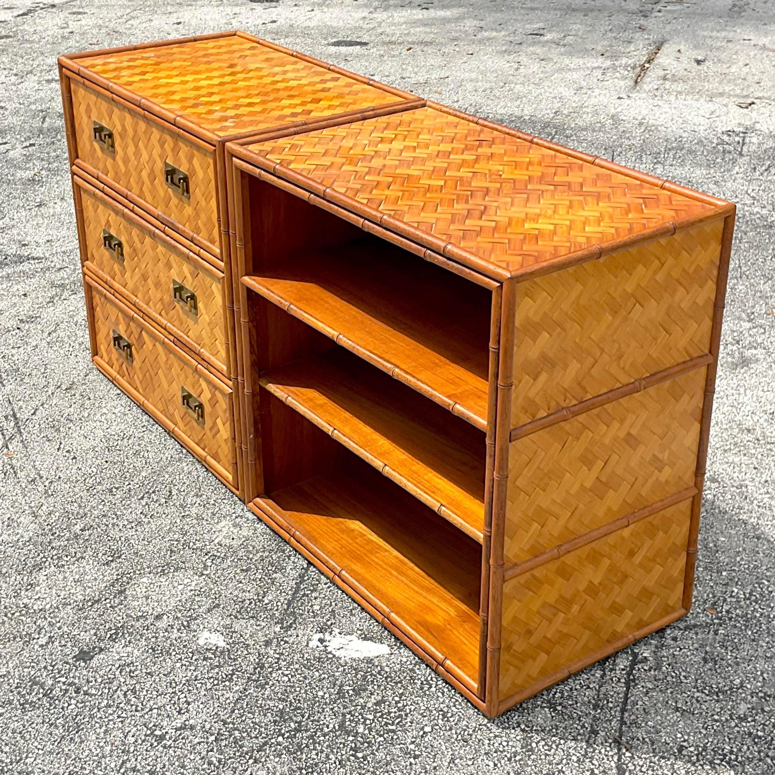 Late 20th Century Vintage Coastal Parquet Rattan Credenza Set of 2 In Good Condition For Sale In west palm beach, FL