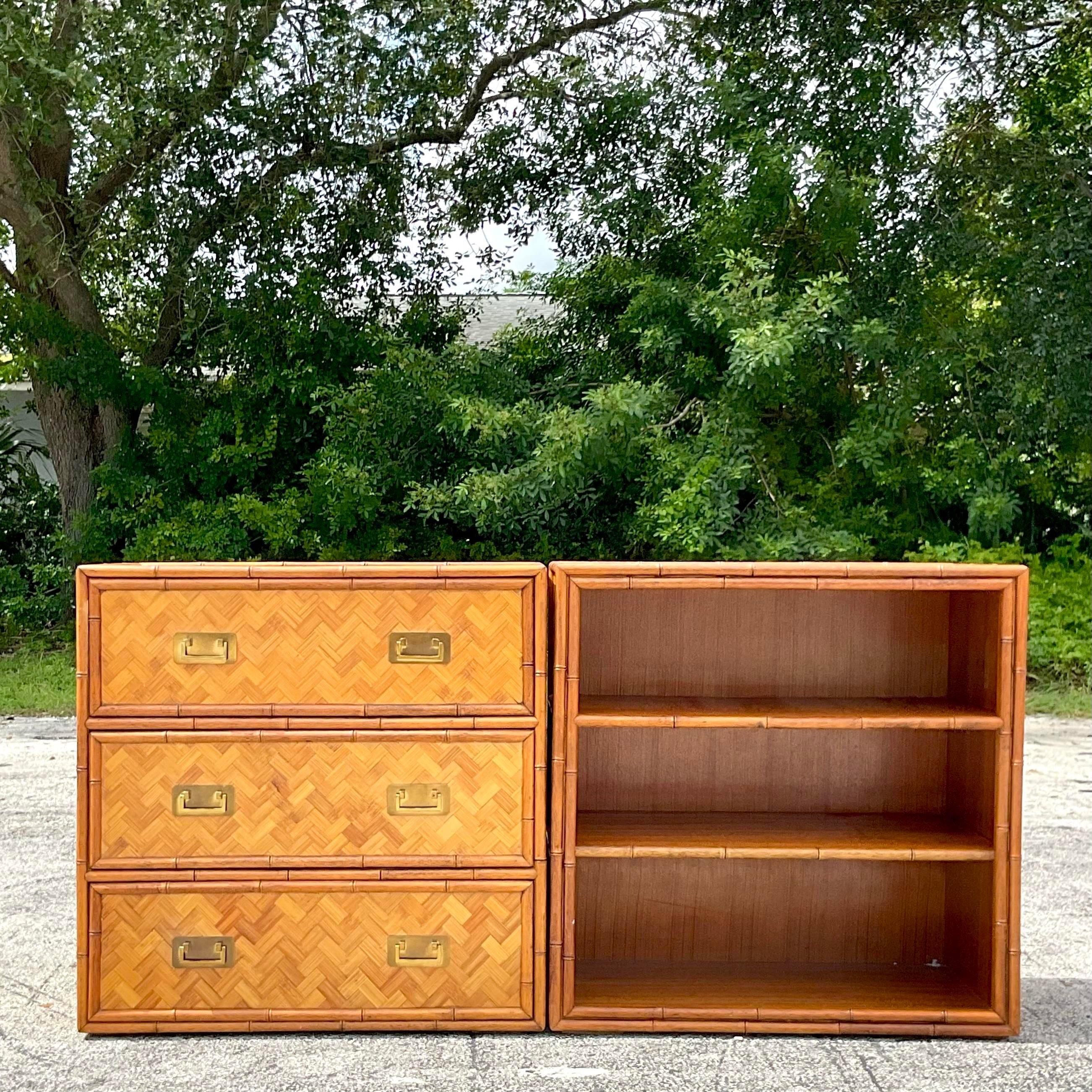 Metallo Credenza in rattan con parquet della fine del XX secolo, Set di 2 in vendita