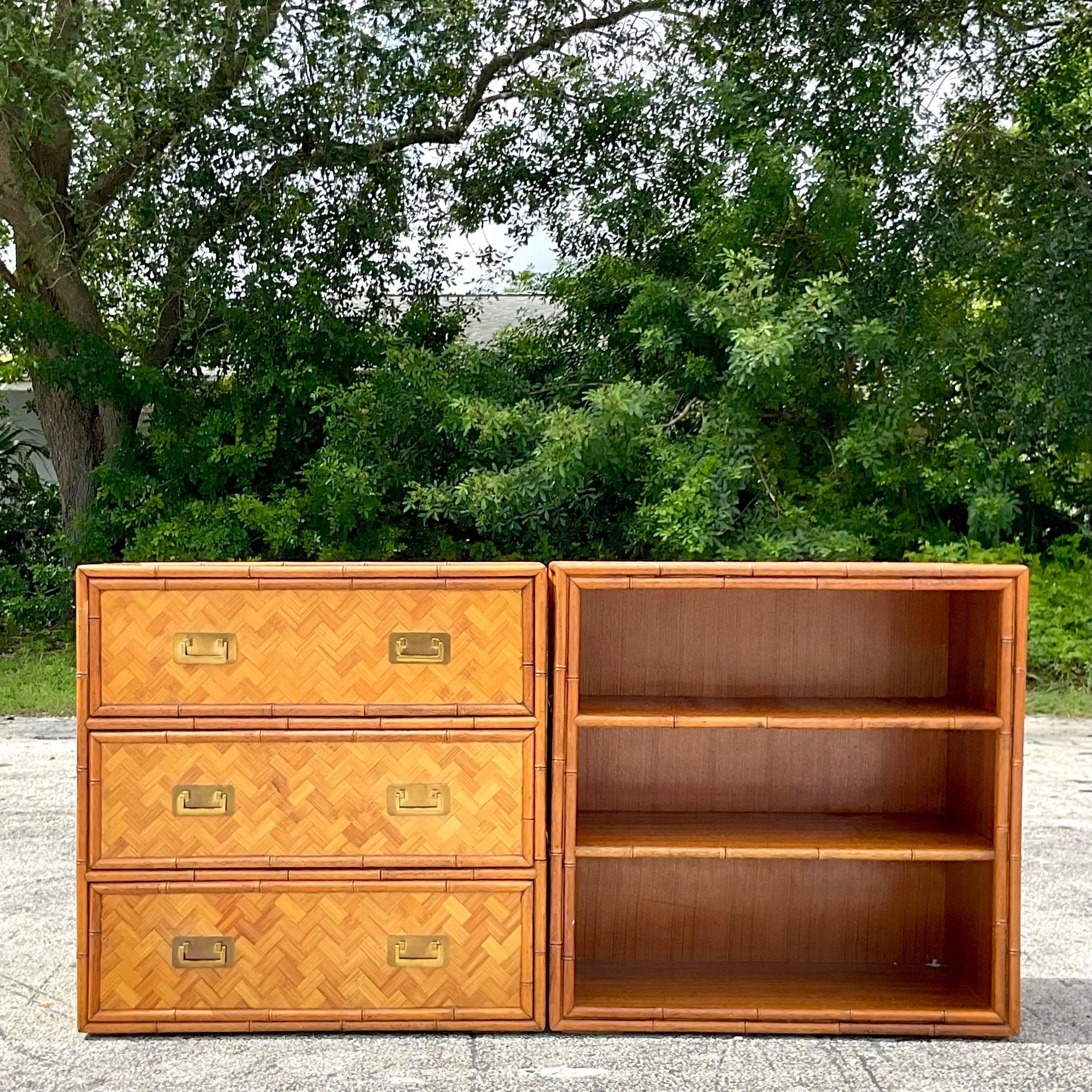 Metal Late 20th Century Vintage Coastal Parquet Rattan Credenza Set of 2 For Sale