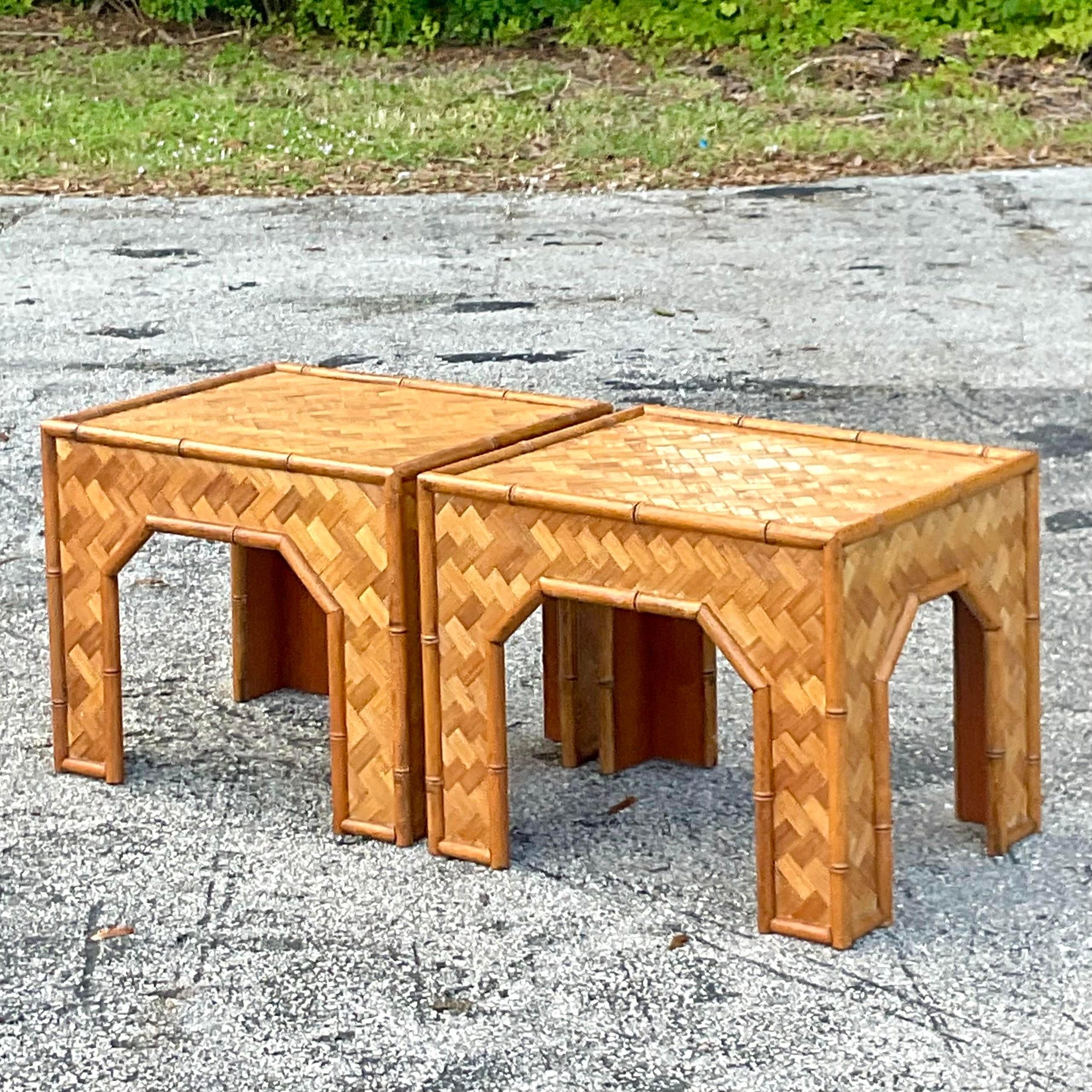 Late 20th Century Vintage Boho Parquet Rattan Side Tables - a Pair In Good Condition In west palm beach, FL