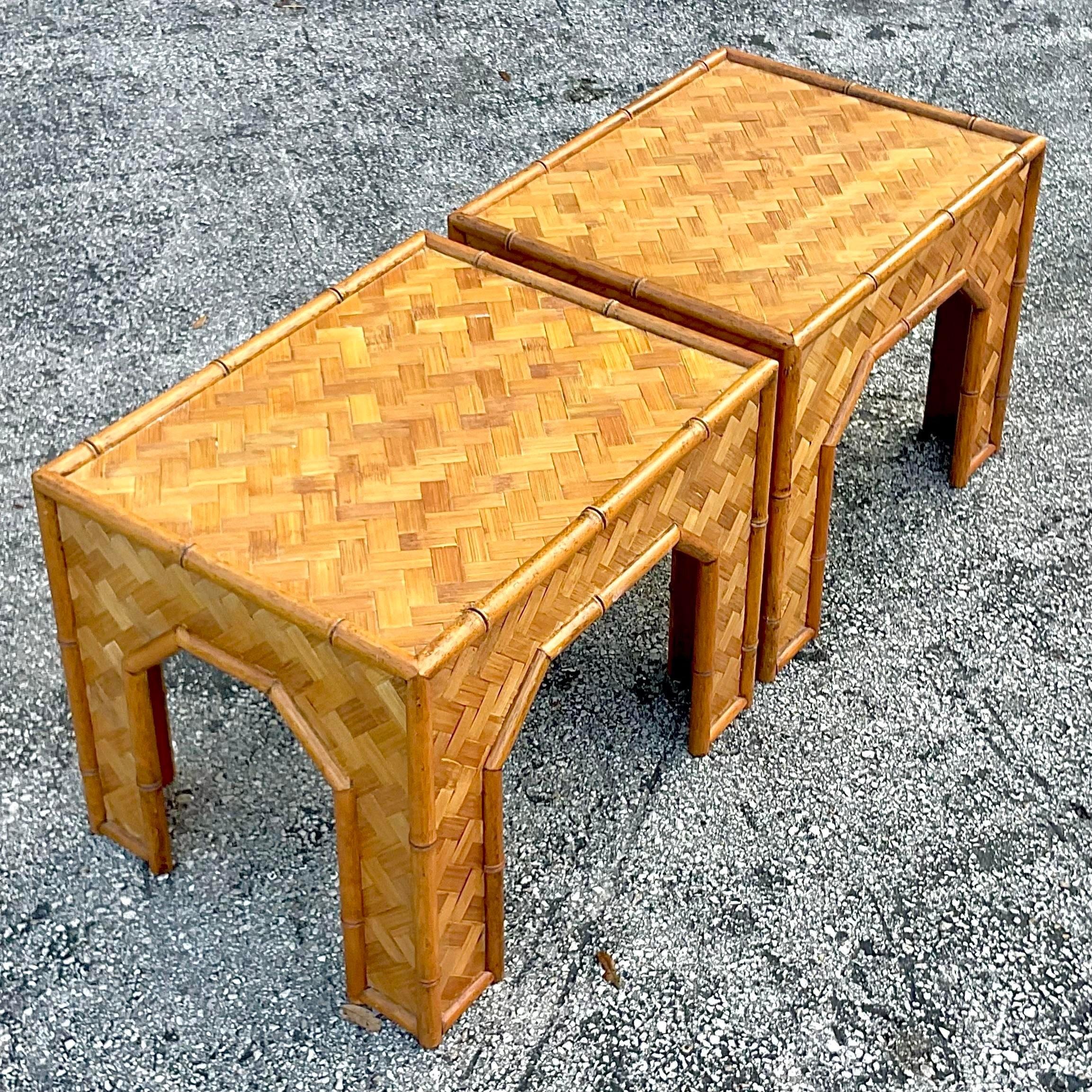Late 20th Century Vintage Boho Parquet Rattan Side Tables - a Pair 1